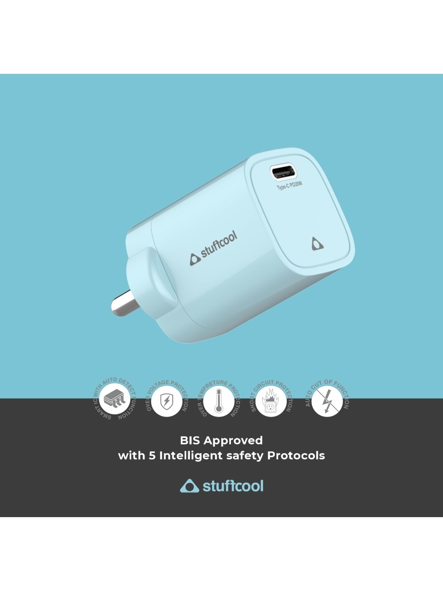Stuffcool Nuevo PD20W Smallest Wall Charger for Latest iPhone 15,14,13,12 (Blue)
