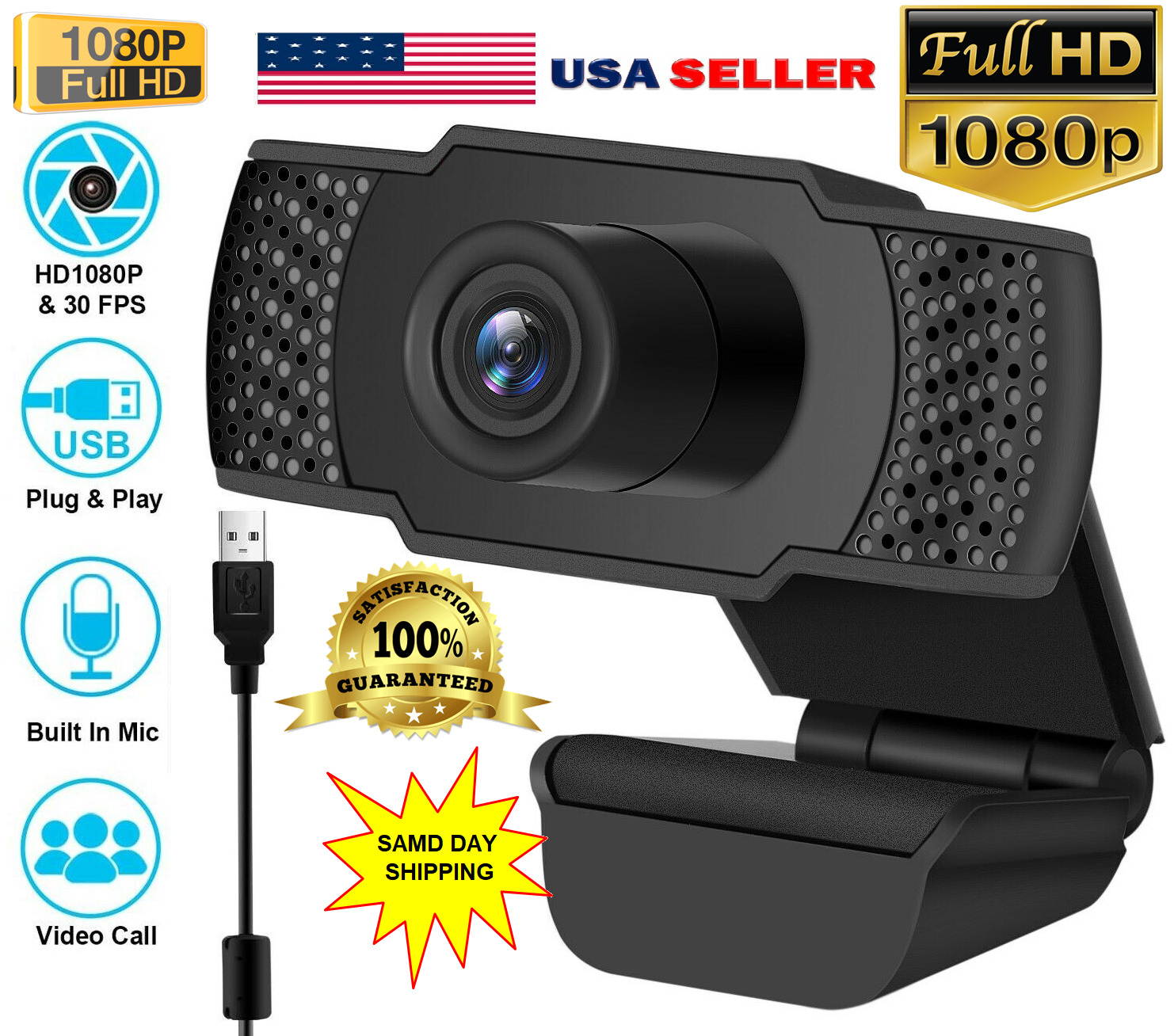 REAL-1080P Full HD USB Webcam Web Camera with Microphone for PC Desktop  Laptop