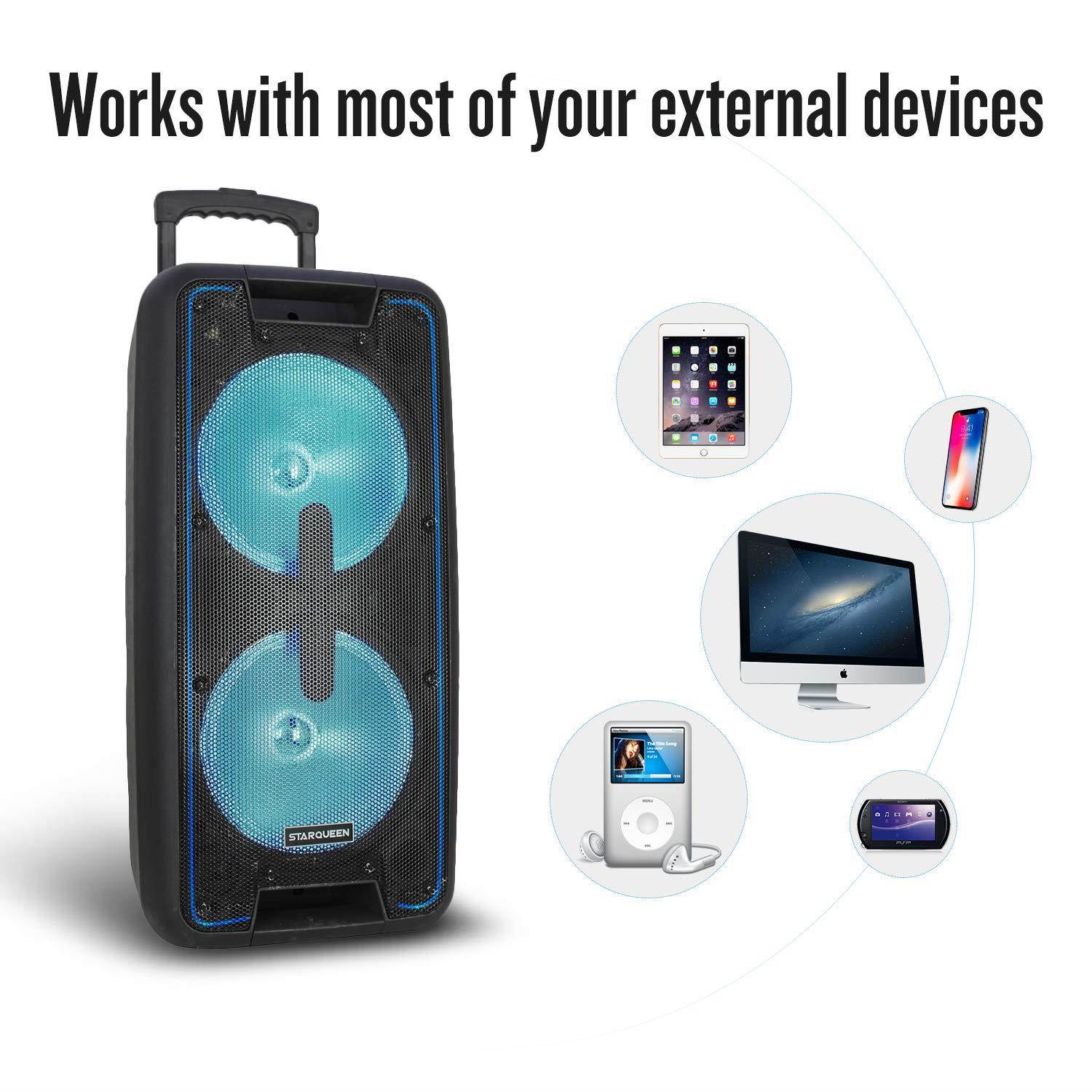 Starqueen Portable Bluetooth PA Speaker Dual 10Inch Woofer with Flashing Lights, Rechargeable Battery Powered Karaoke Loudspeaker Active DJ Party Speaker with 2 UHF Microphones, FM/MP3/USB/TF Card/AUX