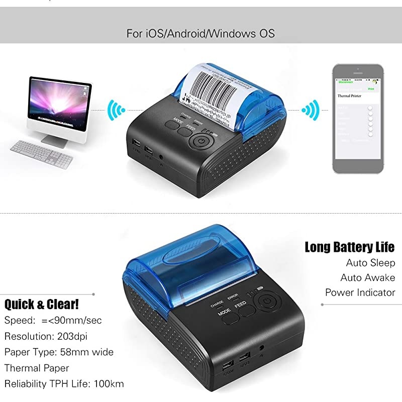 58mm Thermal Receipt Printer Portable Mini Wireless Thermal Printer USB Receipt Bill Ticket POS Printing for iOS Android Windows Compatible with ESC/POS/Star Print Commands Set