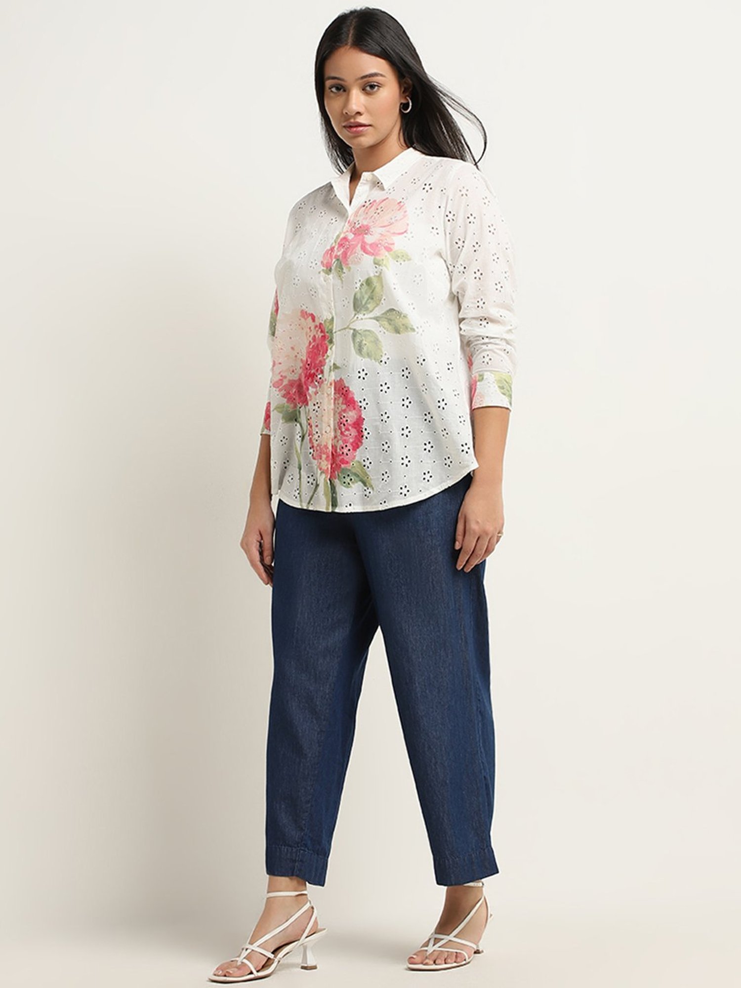 Diza by Westside Pink Floral Schiffli Design Straight Cotton Tunic