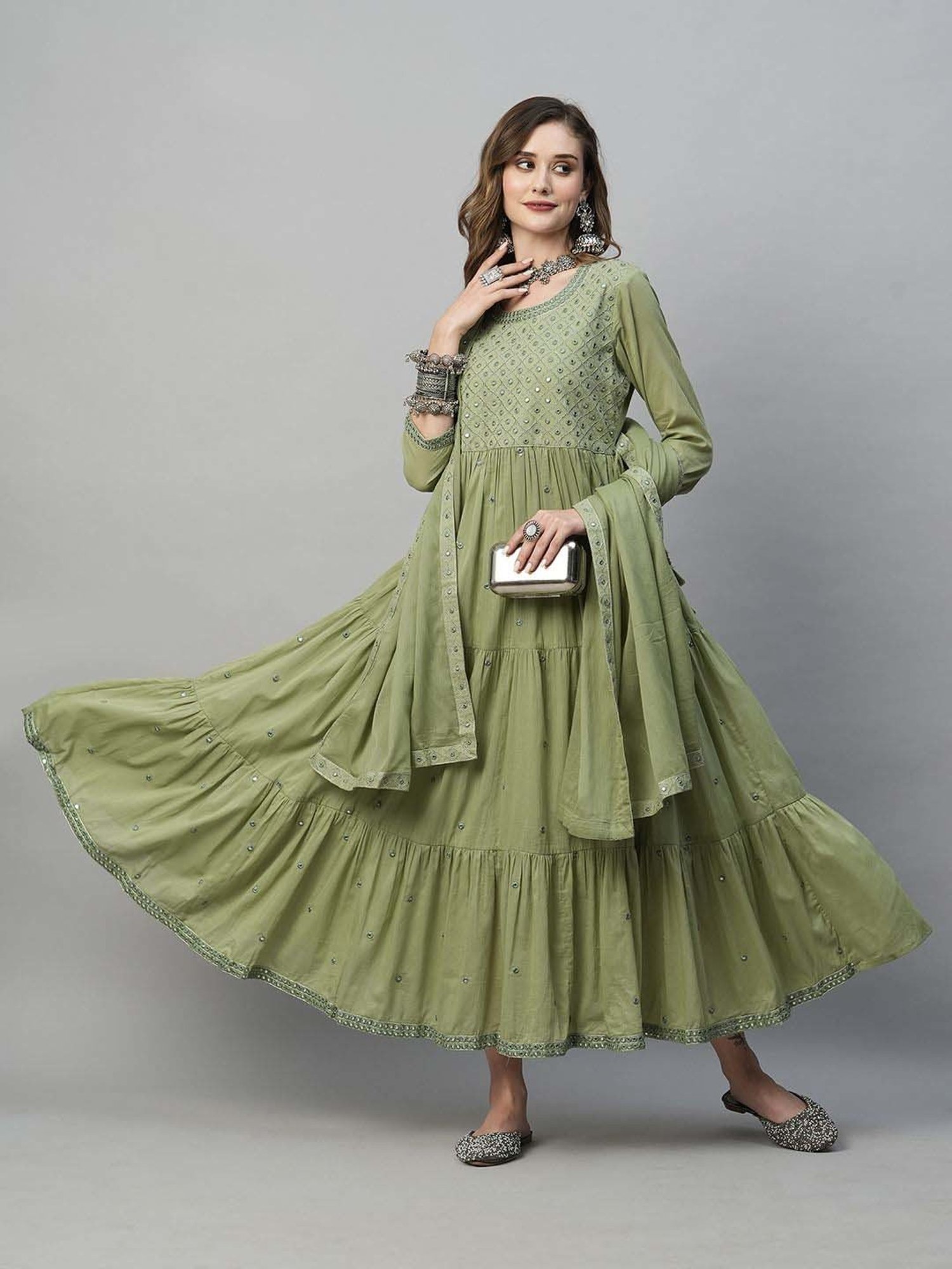 Heeposh Green Cotton Embroidered Dress With Dupatta