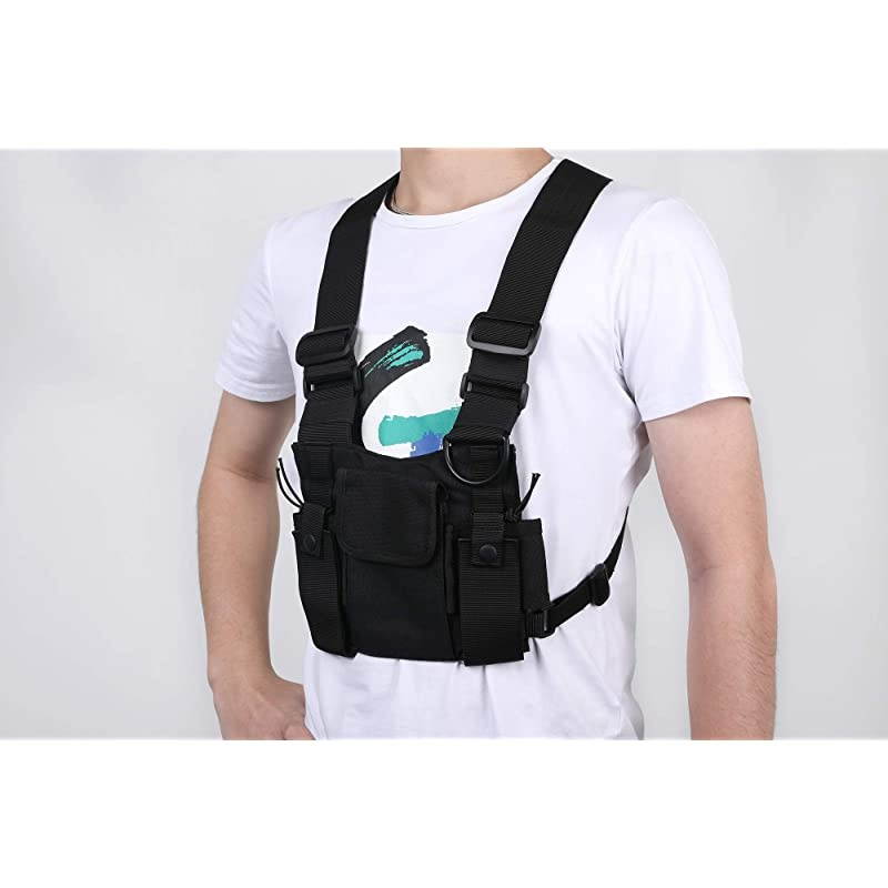 Chest Harness Rig Holster Pack with Front Pouches and Zipper Bag for Universal Walkie Talkies