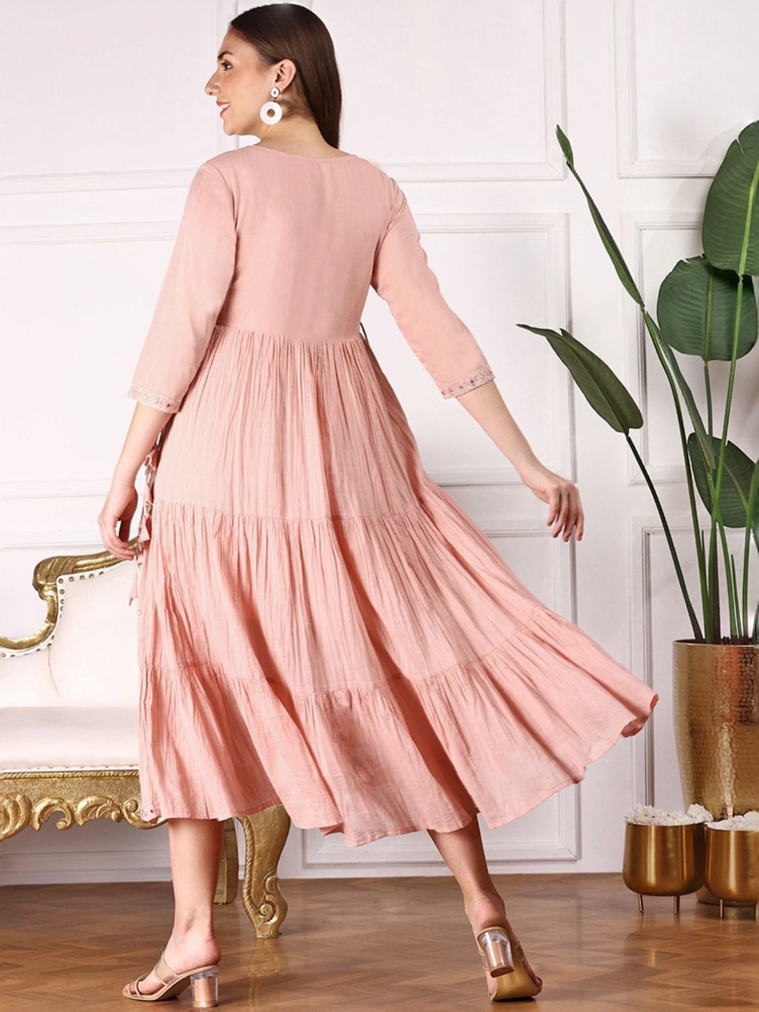 Ishin Peach Cotton Embroidered A-Line Dress