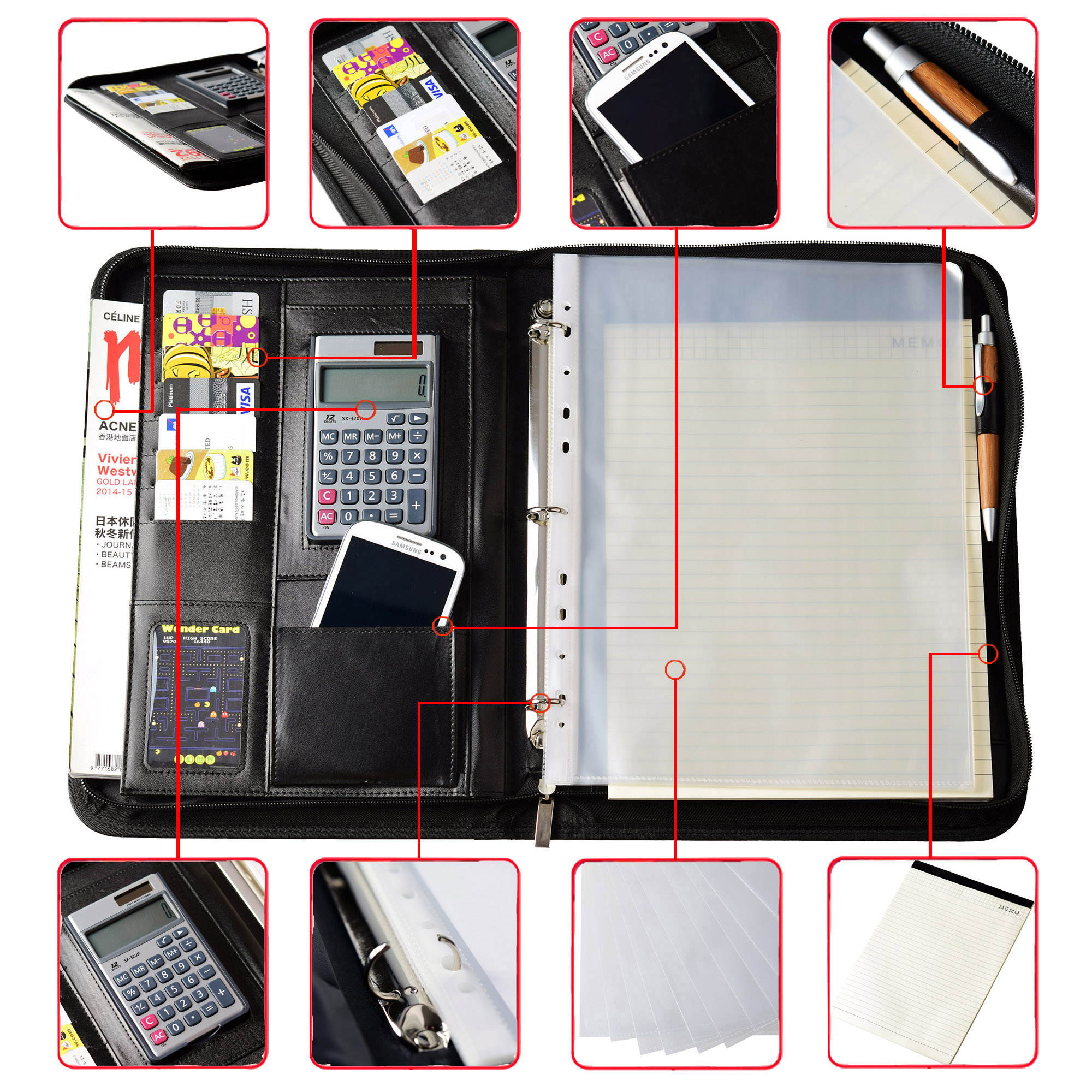 Black PU Leather Padfolio Organizer Documents Holder with Notepad & Calculator
