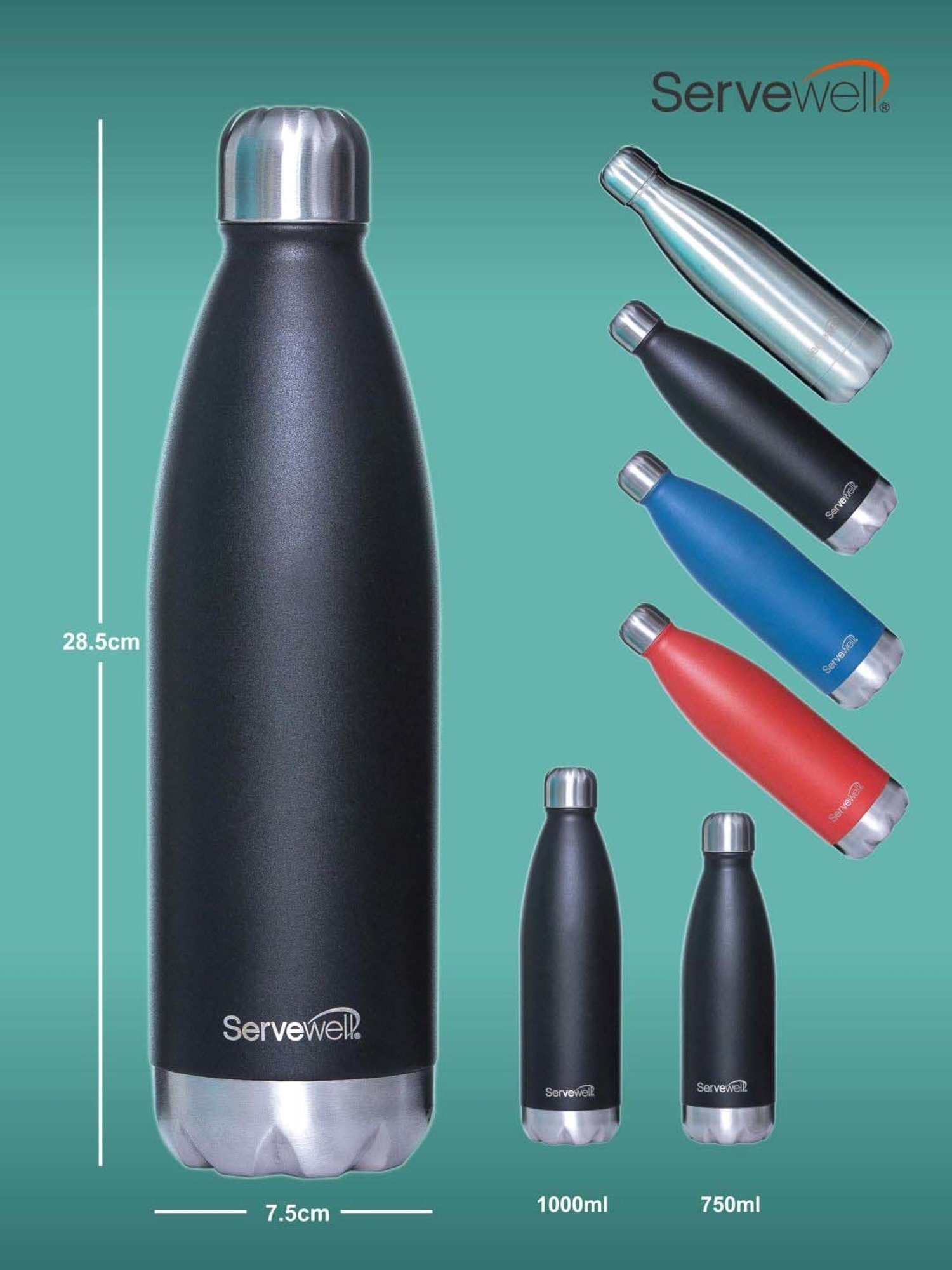 Servewell Jet Black Steel Bali Single Wall Water Bottle (1 L)