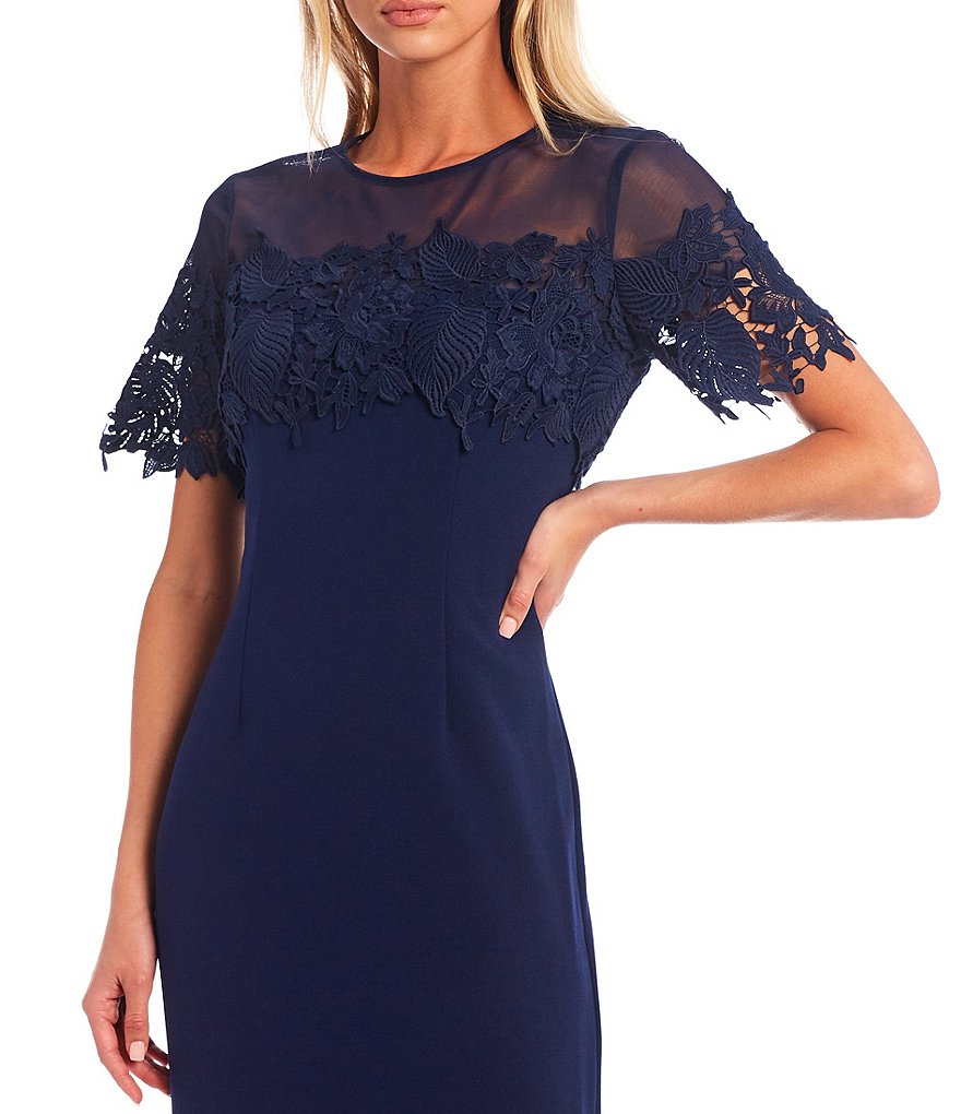 Jkara Chiffon Popover Beaded V-Neck 3/4 Capelet Sleeve Gown