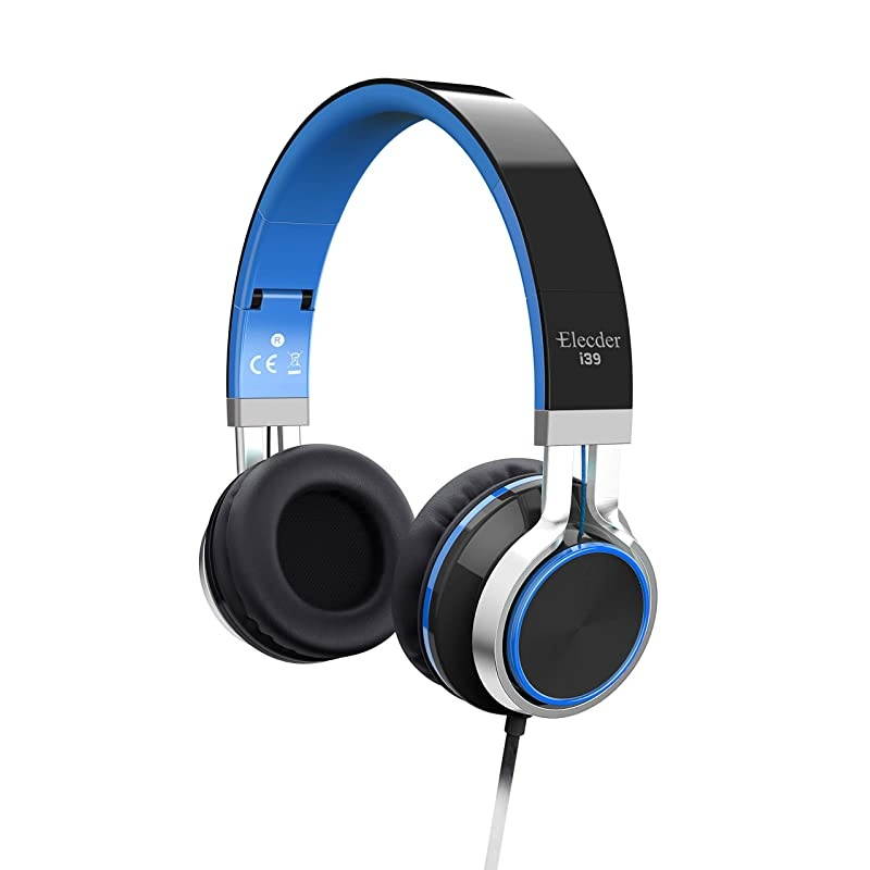 i39 Headphones with Microphone Foldable Lightweight Adjustable On Ear Headsets with 3.5mm Jack for Cellphones Computer MP3/4 Kindle School Blue/Black