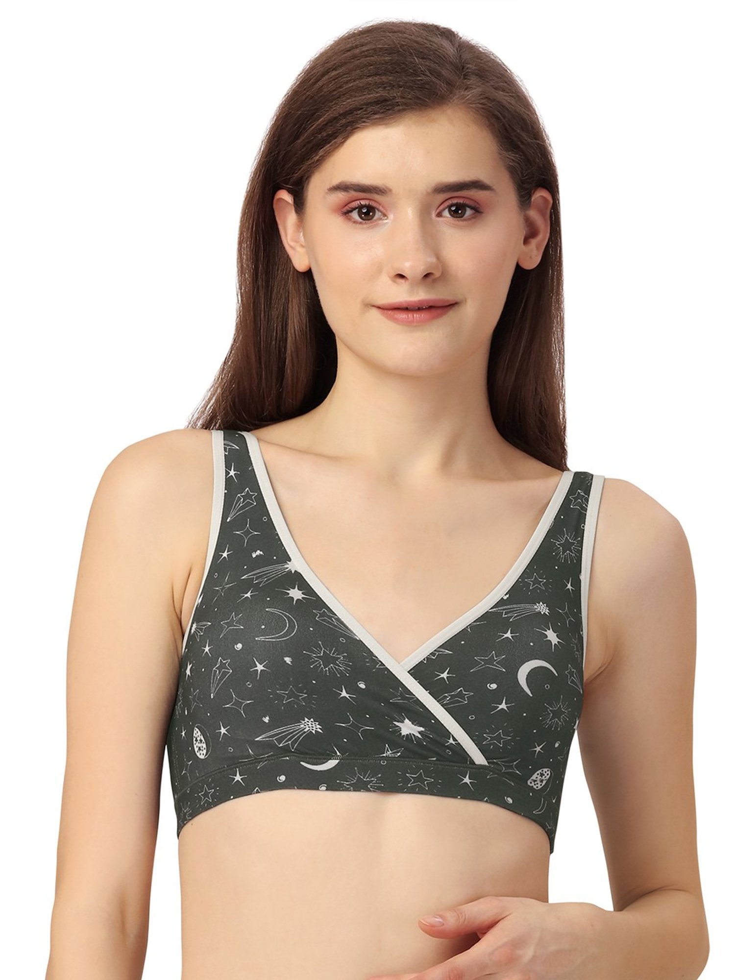 Soie Dark Olive Printed Medium Coverage Lounge Bra With Removable Cups