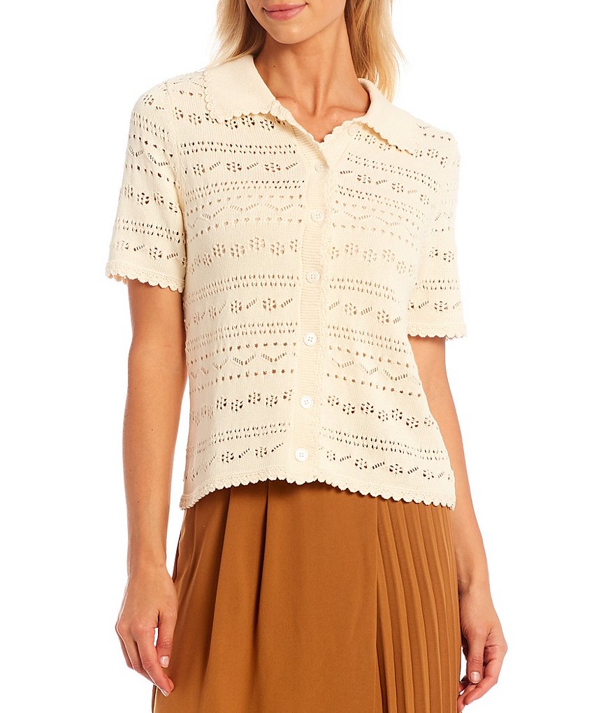 Skies Are Blue Pointelle Collared Neck Short Sleeve Button Down Sweater Top