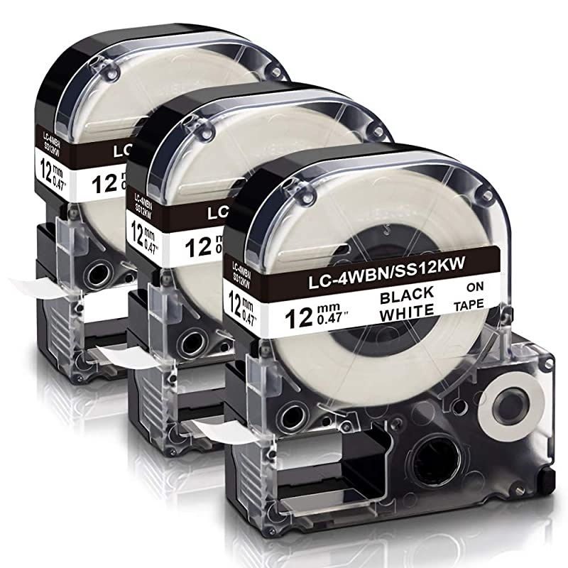 Compatible Label Tape Replacement for LK-4WBN LC-4WBN SS12KW LC 4WBN9 LK 12mm Tape Cartridge 1/2'' for Epson LabelWorks LW-300 LW-400 LW-500 LW-600P LW-700 Label Maker, Black on White, 3-Pack