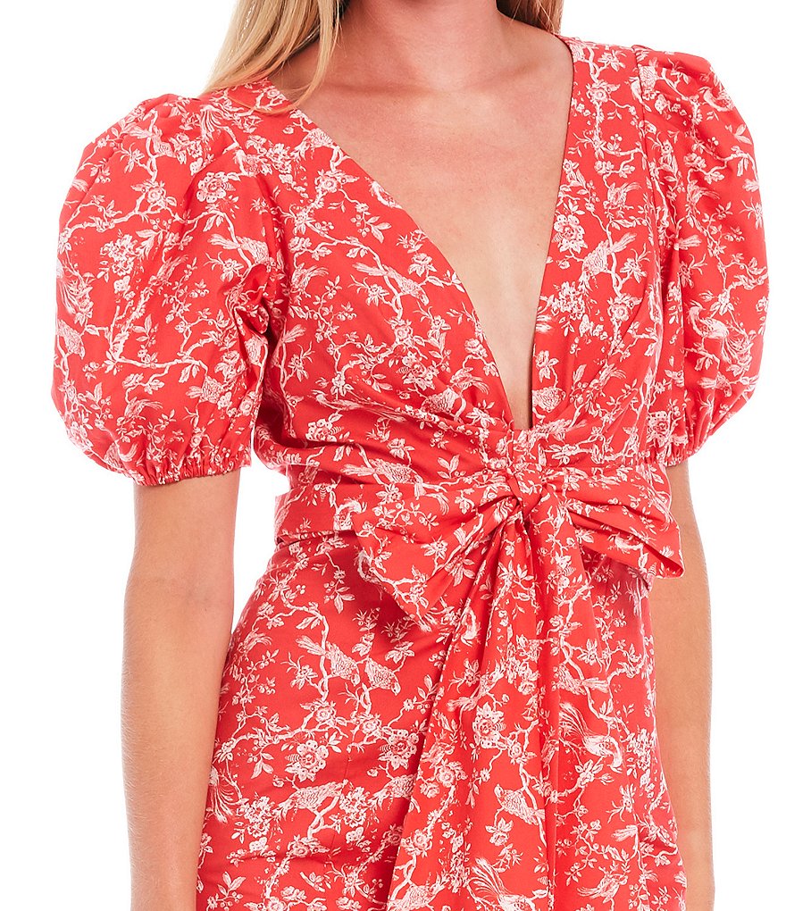 Sachin & Babi Courtney Floral Puff Sleeve Deep V-Neck Bow Front Midi Dress