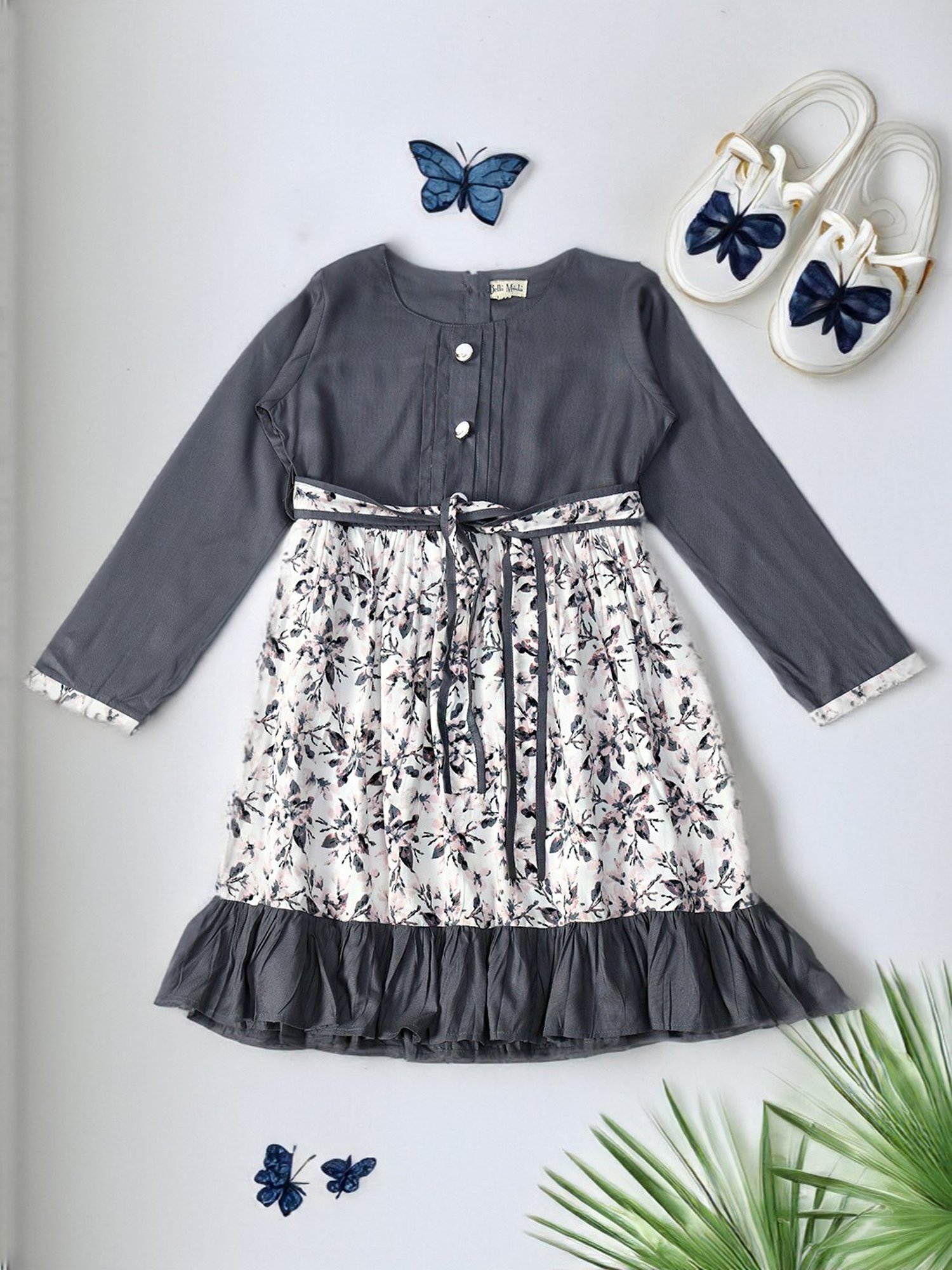 Bella Moda Kids Grey Printed Full Sleeves Fit & Flare Dress