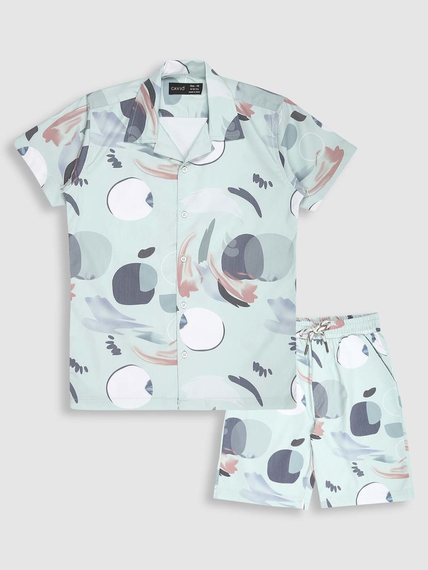 Cavio Kids Green & White Cotton Printed Shirt Set