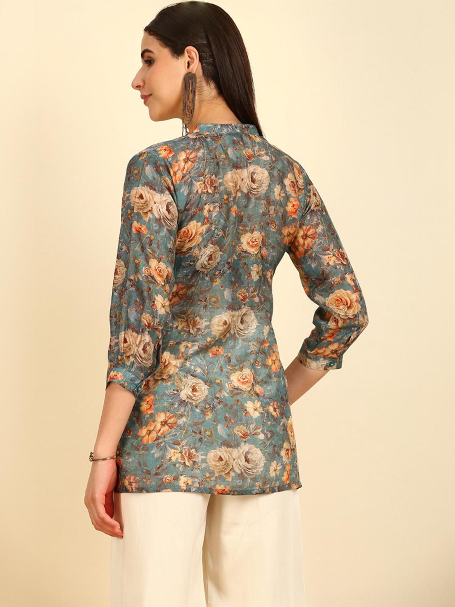 Soch Womens Turquoise Blue Floral Print Mandarin Collar Vicose Muslin Tunic