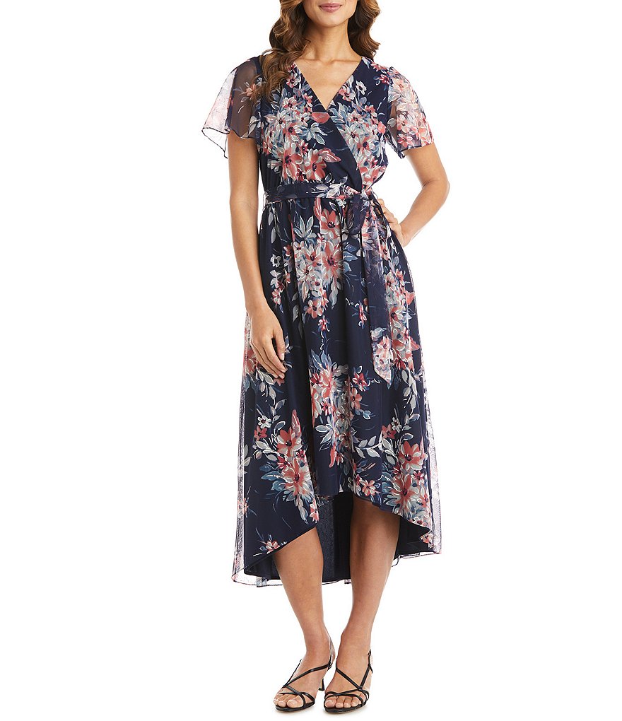 R & M Richards Flutter Sleeve Floral Ruffle Hi-Low Wrap Midi Dress