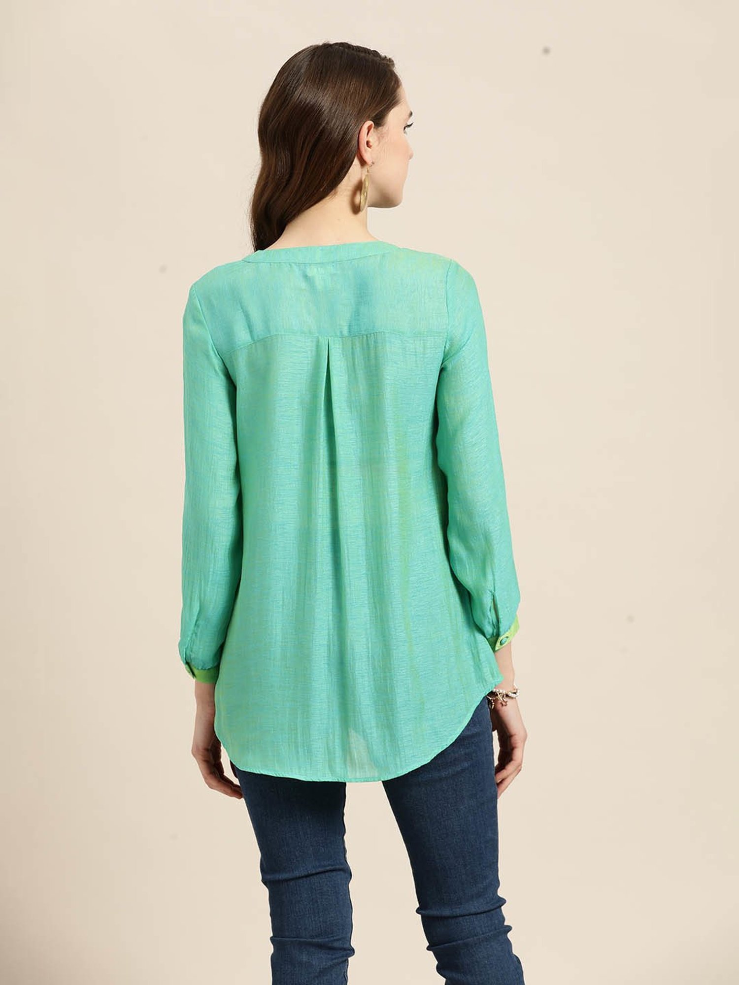 Qurvii Turquoise Silk Regular Fit Top