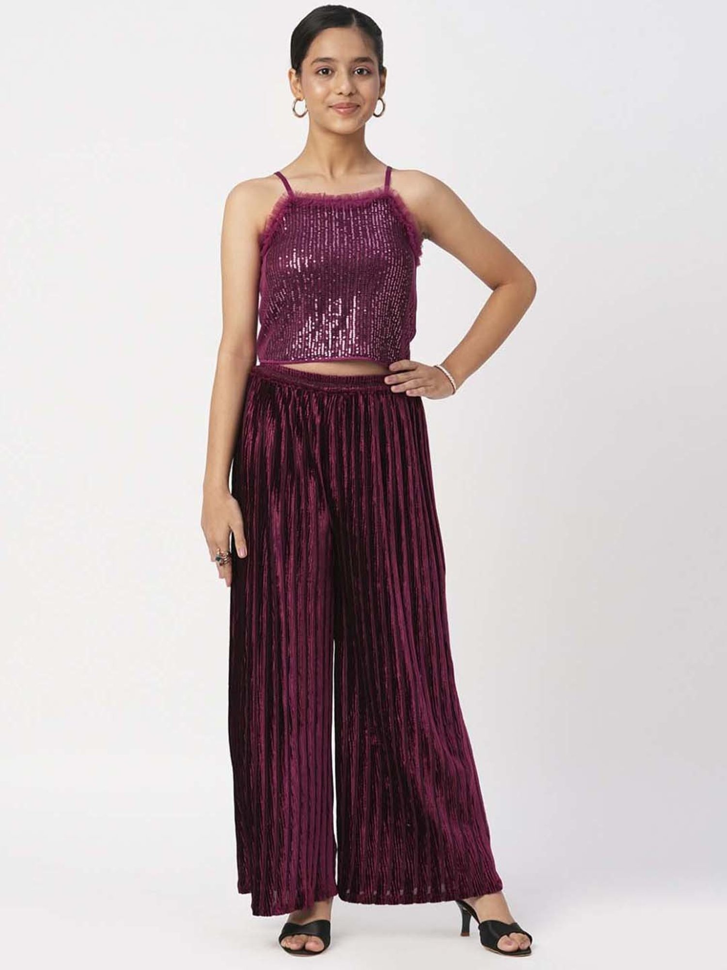 Lil Drama Kids Maroon Embellished Top Set