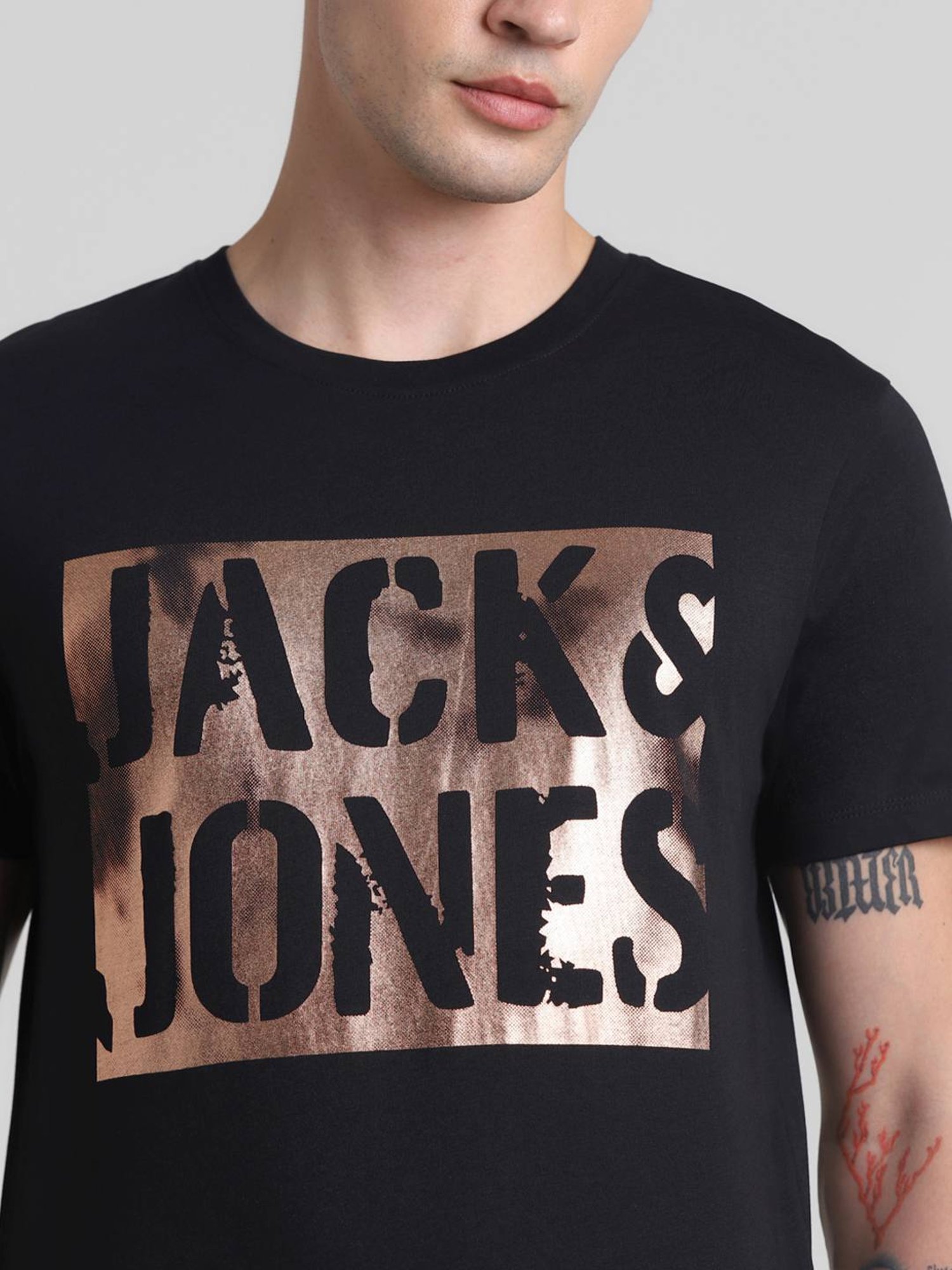 Jack & Jones Jet Black Cotton Slim Fit Printed T-Shirt