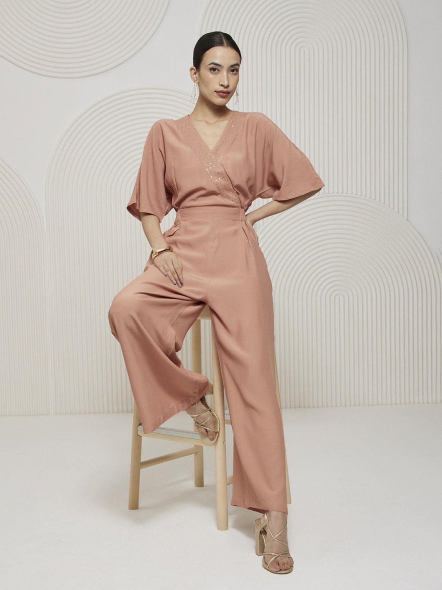 Artagai Salmon Pink Elevated Basics Jumpsuit With Kimono Sleeves
