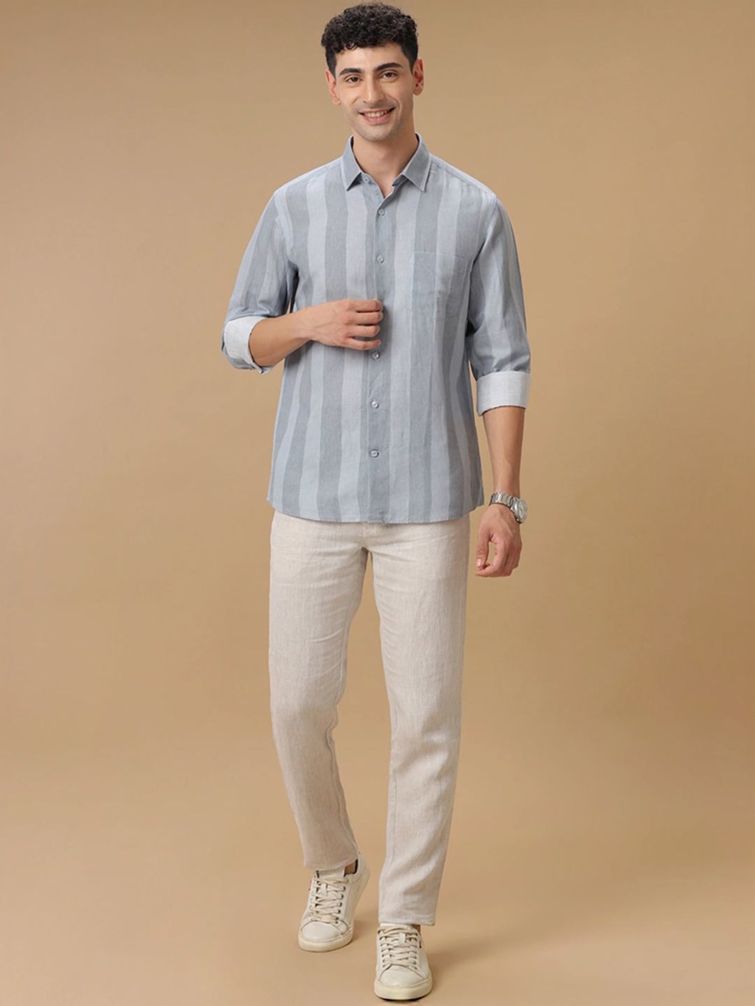 Linen Club Grey Contemporary Fit Striped Shirt