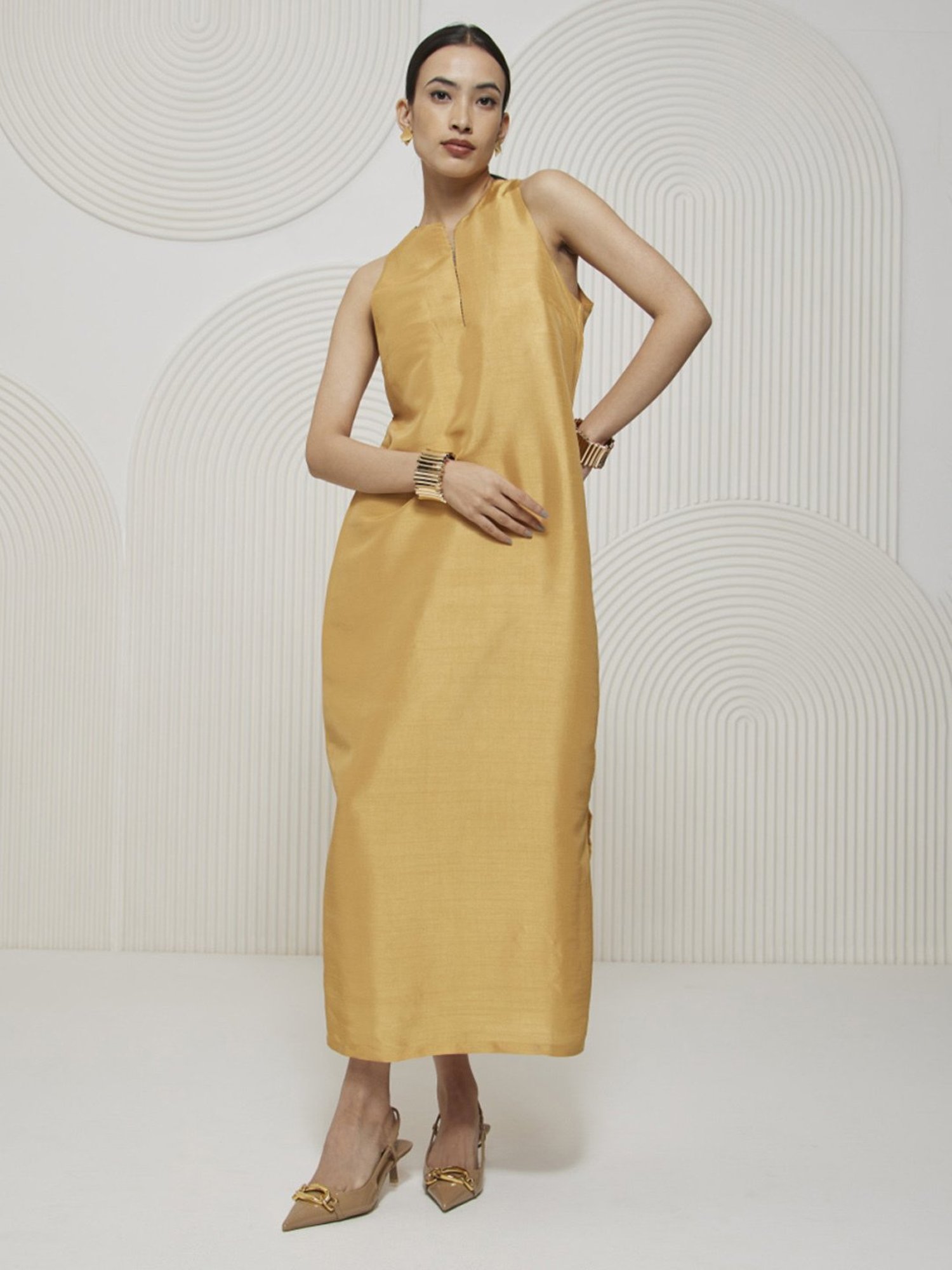 Artagai Gold Earth Romancing Aari Incut Sleeve Maxi Dress