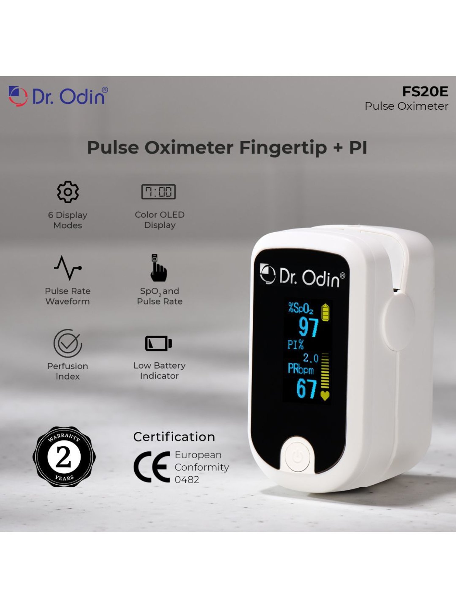 Dr. Odin PI FS20E Fingertip Pulse Oximeter Plus (White)
