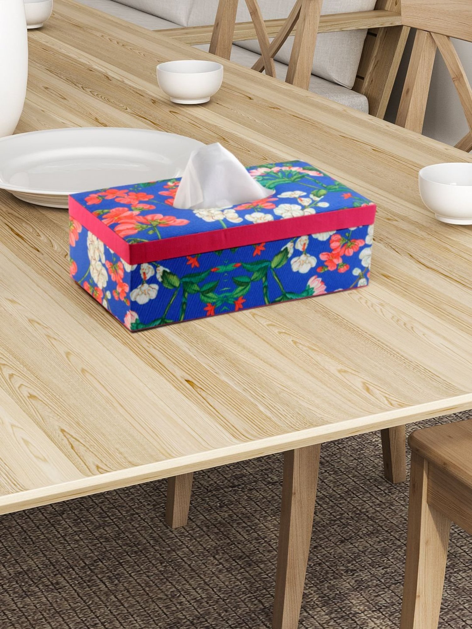 SEJ by Nisha Gupta Blue Wooden Tissue Paper Box Holder - Set of 1