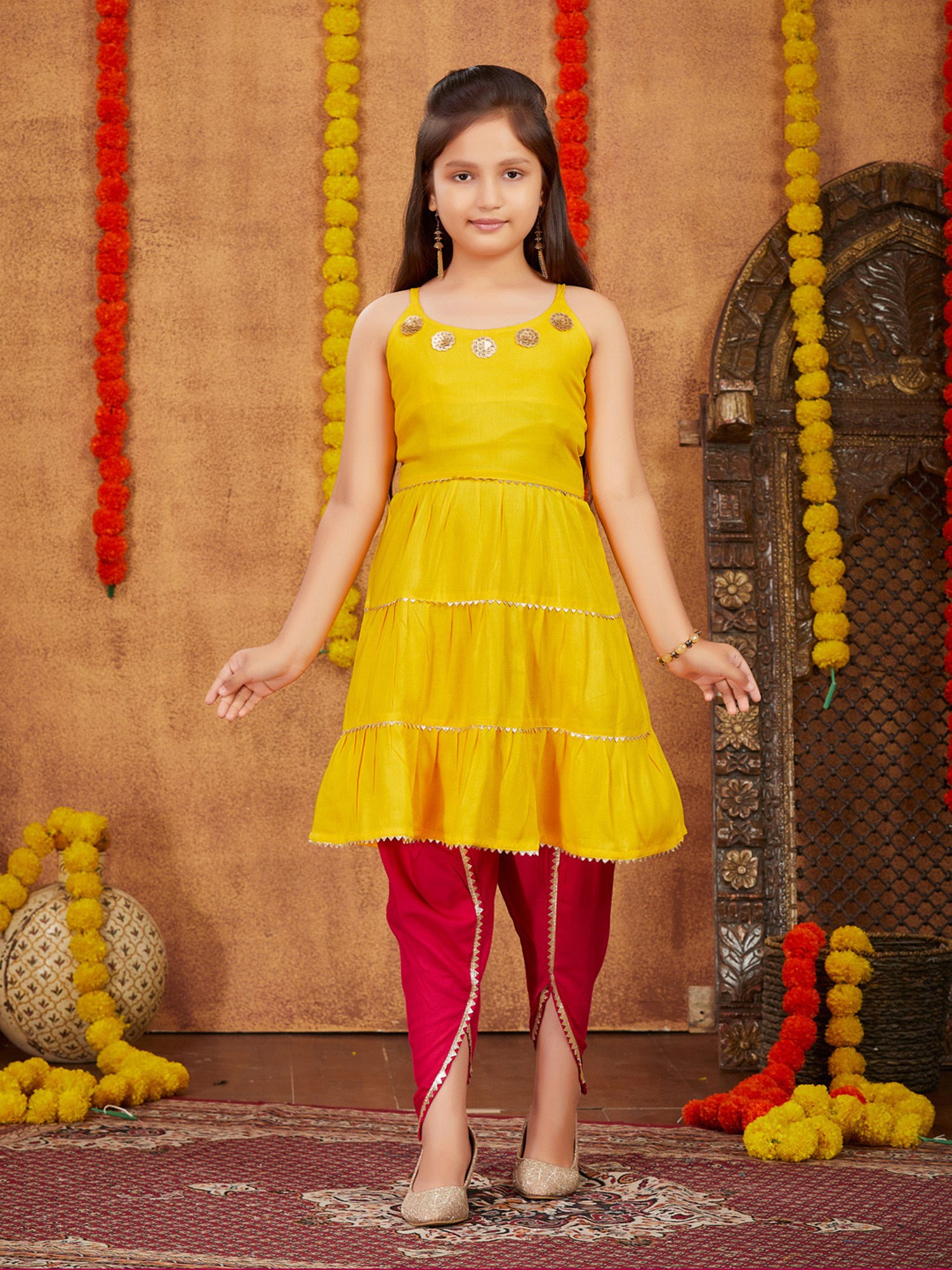 Aarika Kids Yellow & Pink Solid Kurta with Dhoti