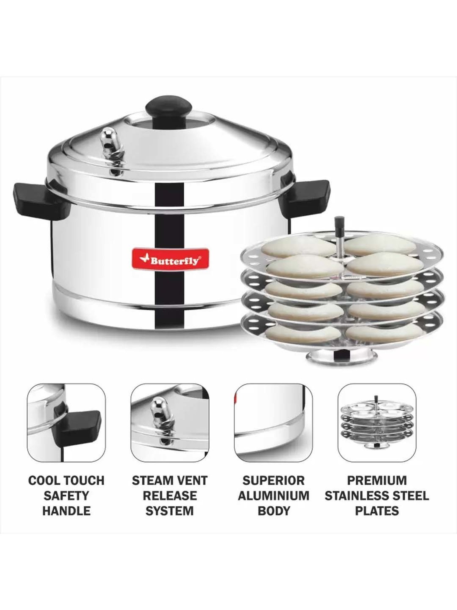 Butterfly Silver Stainless Steel Standard Idli Maker With Friendly Cooker