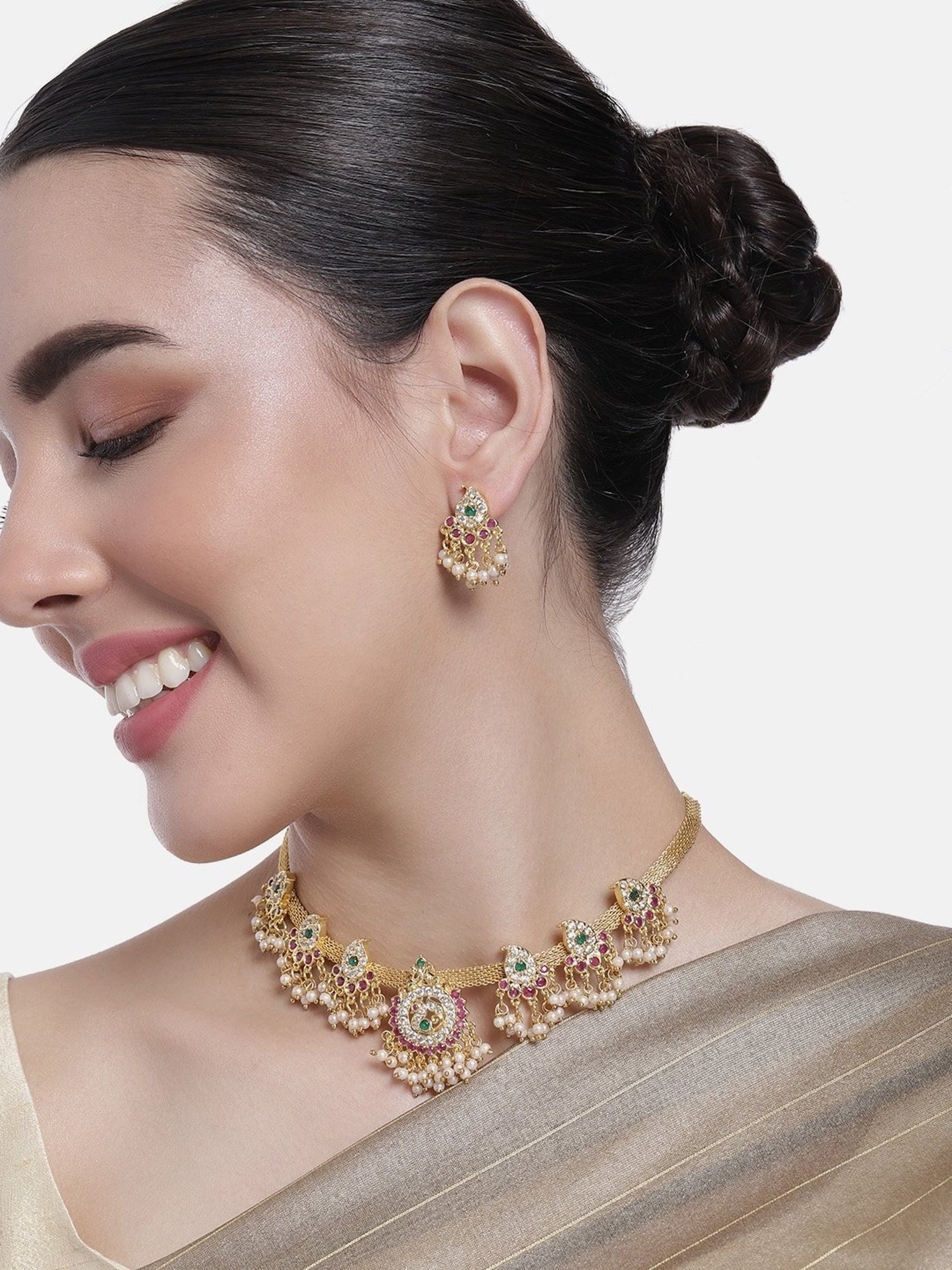 Estele Gold-Plated CZ Glorious Designer Necklace Set with Pearls for Women