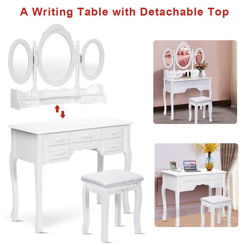 Costway White Tri Folding Oval Wood Vanity Makeup Table Set 7 Drawers