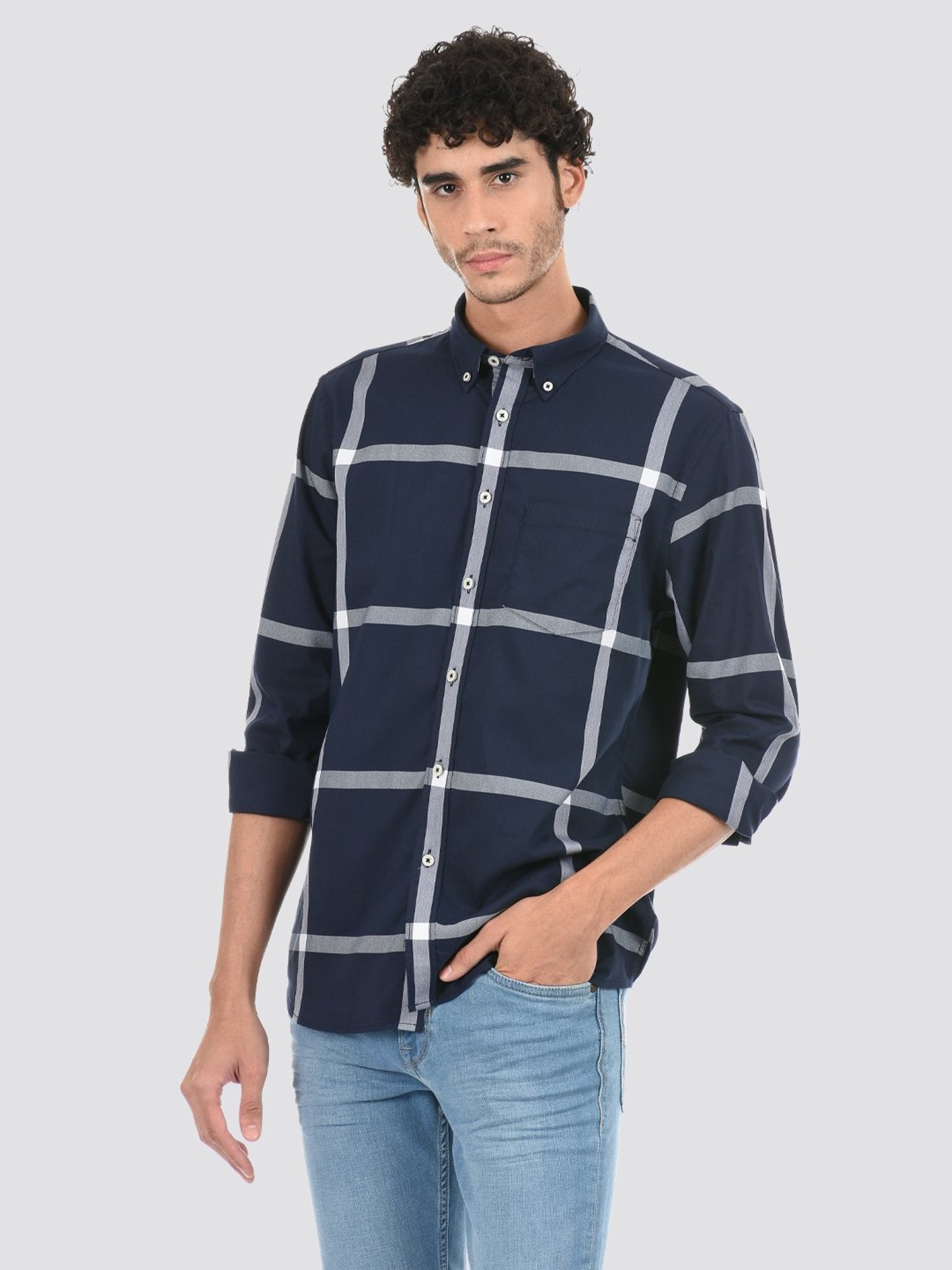 London Fog Navy Blue Regular Fit Checks Shirt