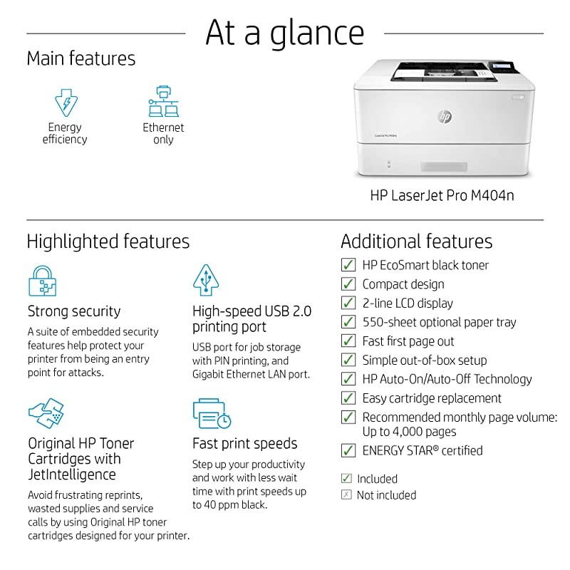 LaserJet Pro M404n Laser Printer with Built-in Ethernet & Security Features (W1A52A)