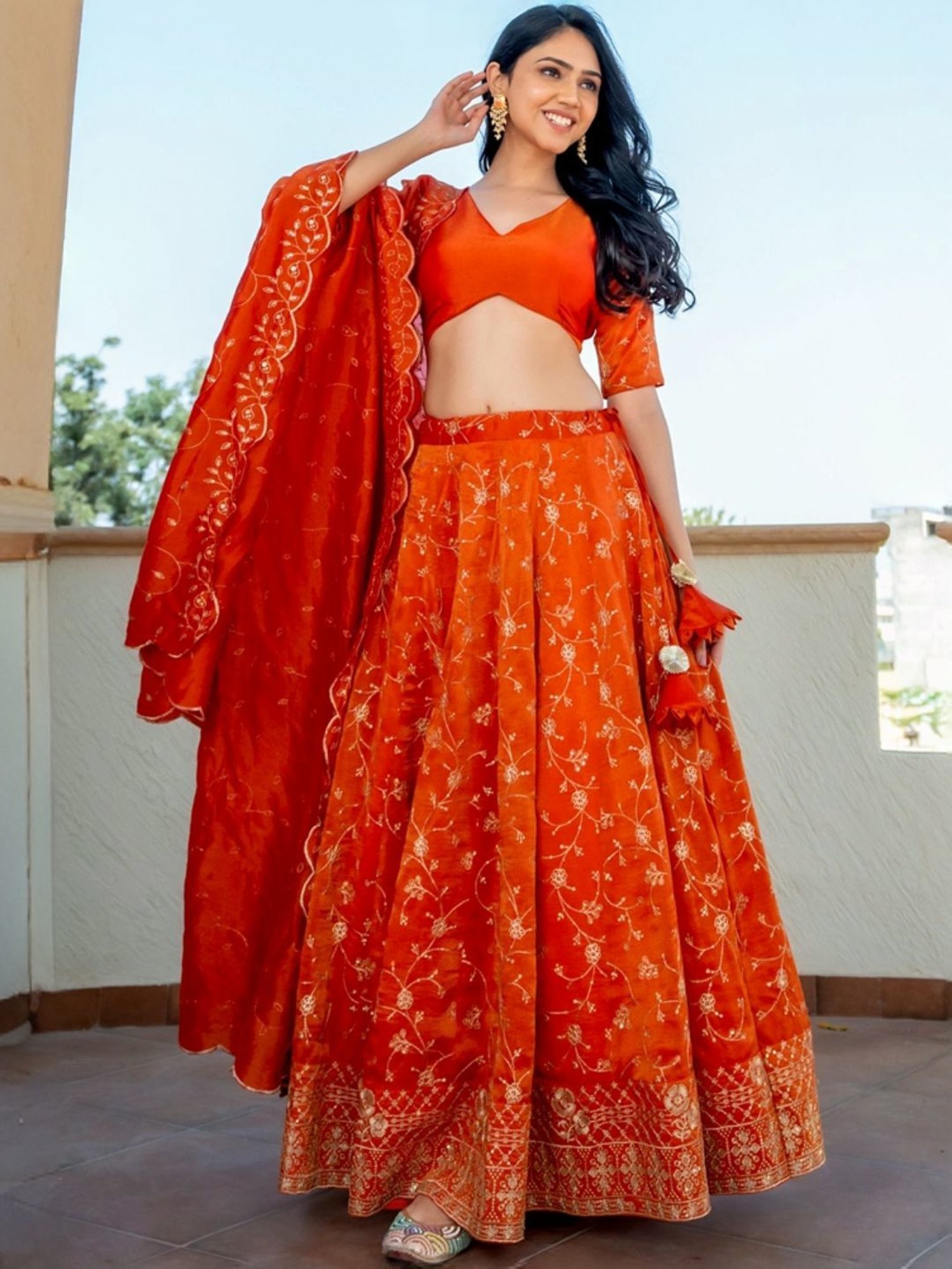 HOUSE OF JAMOTI Orange Embroidered Lehenga Choli Set With Dupatta