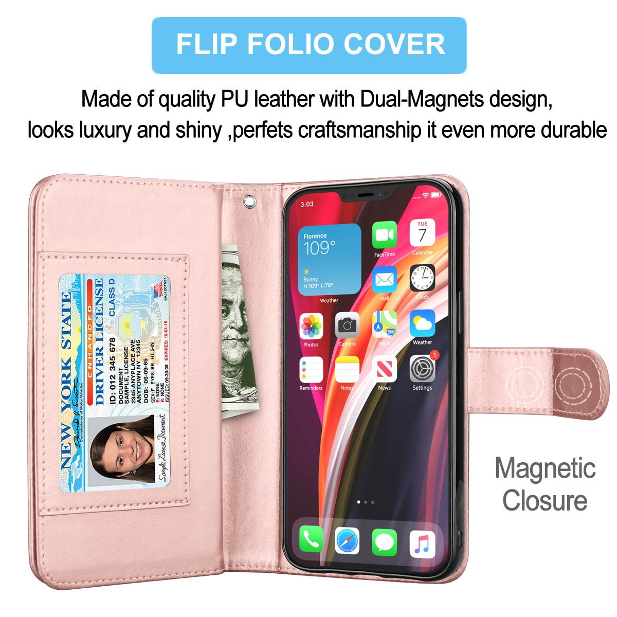 iPhone 12 Case, 6.1" Apple iPhone 12 Pro Wallet Case, Tekcoo PU Leather Case Cash ID Credit Card Slots Holder Carrying Flip Phone Case Cover Kickstand Detachable Magnetic Hard Cases & Strap,Rose Gold