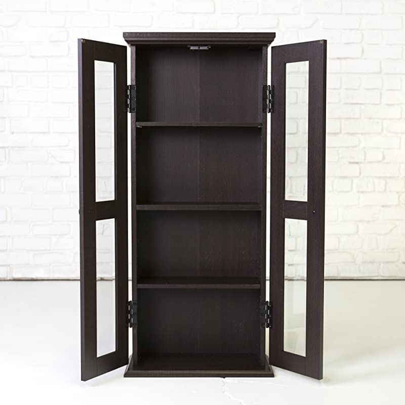 Edison 4 Tier Shelf Living Room Storage Tall Bookshelf Cabinet Doors Home Office Tower Media Organizer, 41 Inch, Espresso