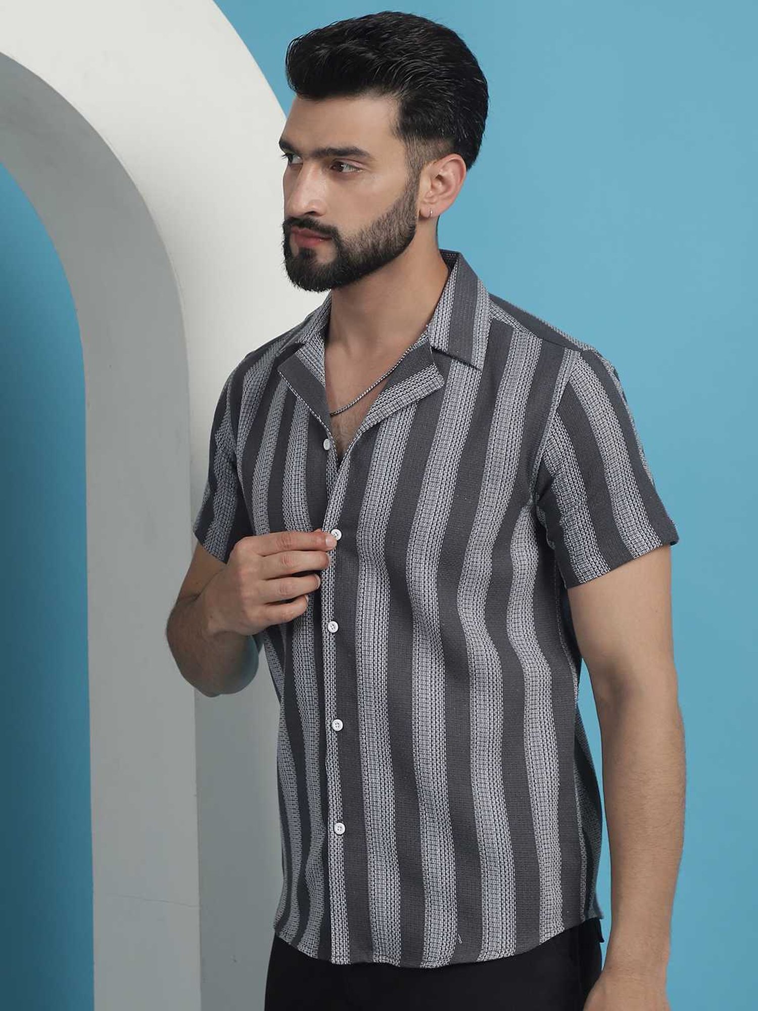 Indian Needle Grey Cotton Regular Fit Striped Shirt