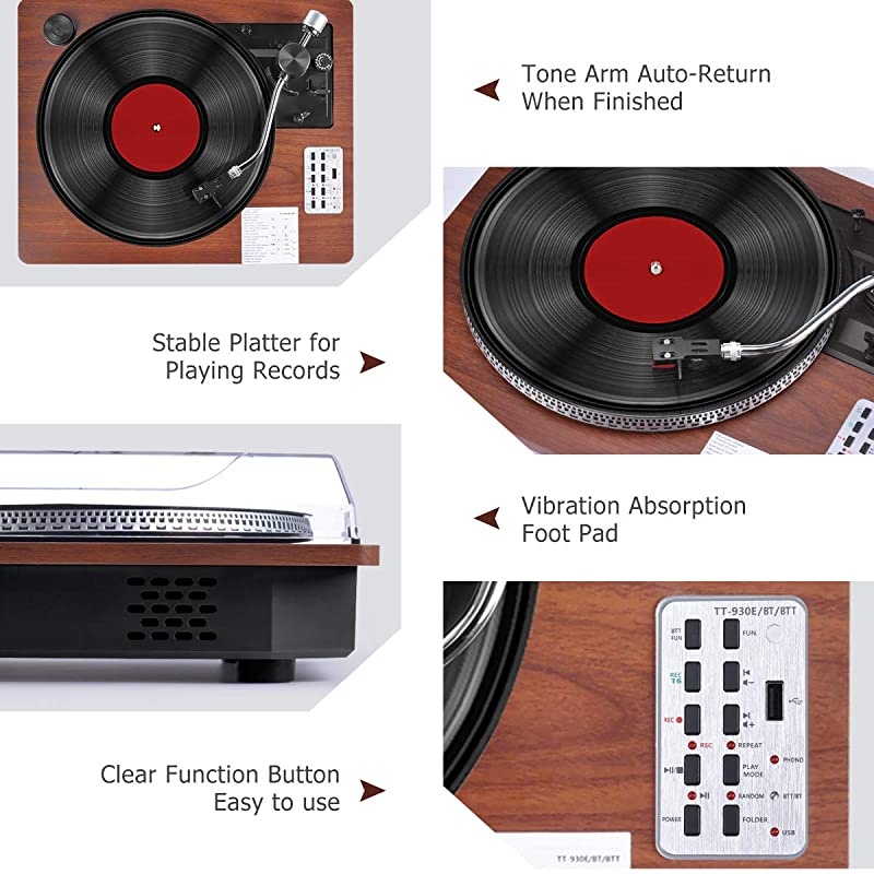Player with Speakers Turntable for Vinyl s 3Speed Bluetooth Input amp Output USB Direct Vinyl to MP3 ing Automatic Tone Arm Pitch amp Counterweight Adjustment Vintage Player