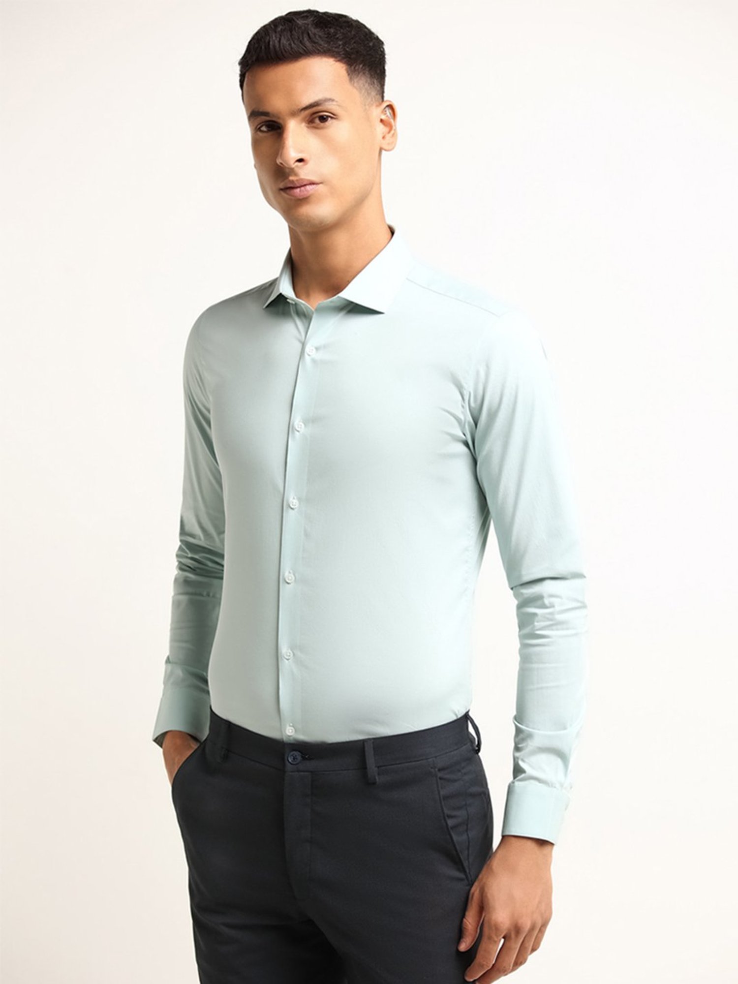 WES Formals by Westside Green Solid Ultra Slim Fit Shirt