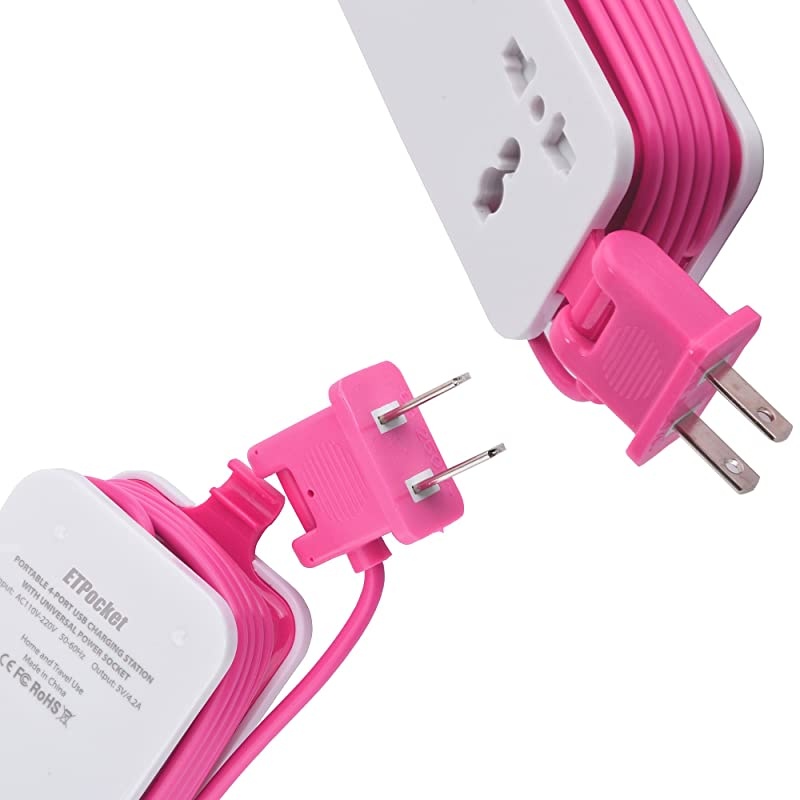 Power Strip, Portable Travel Charger Outlets 2.1AMP+1AMP 21W 1.5M/5ft Power Supply Cord with Universal Plug Wide Range Input 100v-240v Power Sockets Charger Station 4 Port Charger (Pink)