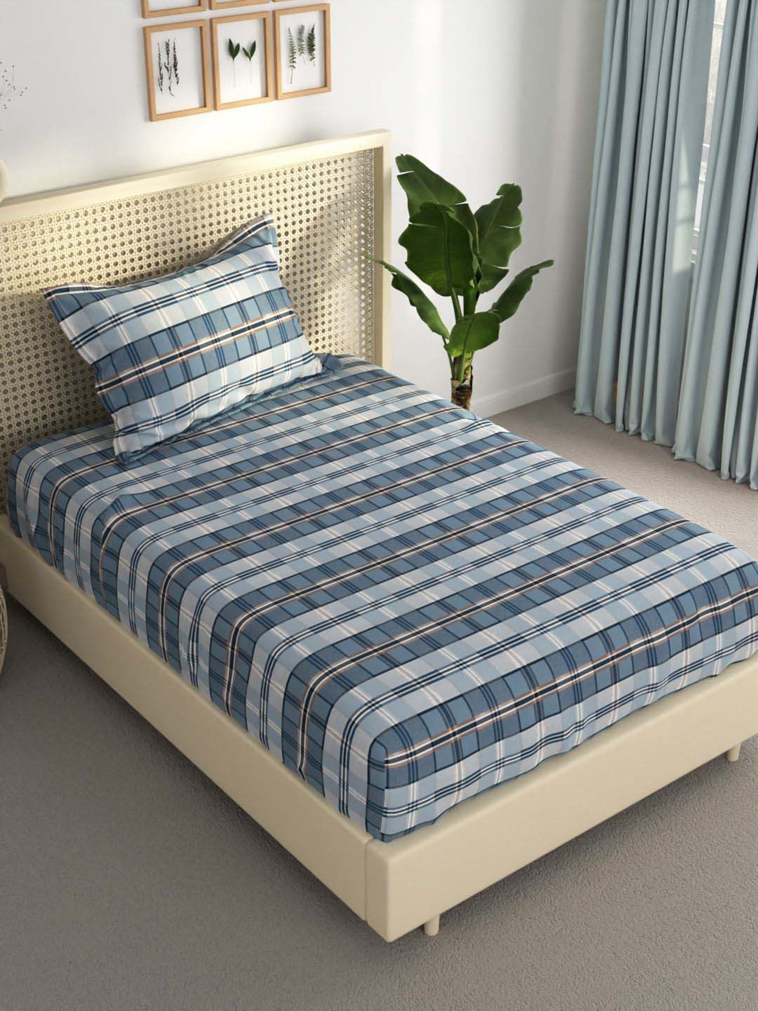 Bianca Estonia Blue 116 TC Poly Cotton Single Bedsheet with 1 Pillow Cover