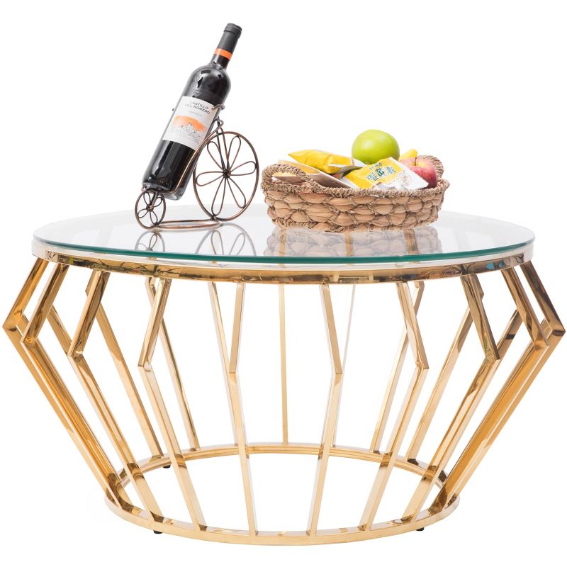 Bold Tones Round Shaped Glass Gold Stainless Steel Metal Modern Coffee Table