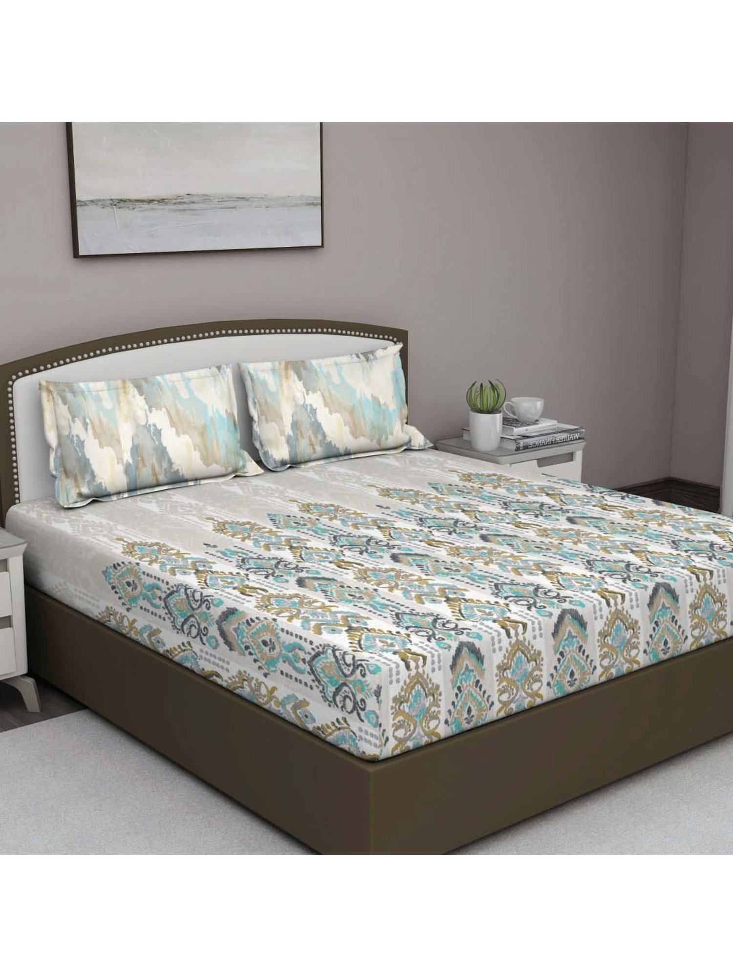 GM 'Fiesta' Blue & Beige Cotton 180 TC Double Bedsheet with 2 Pillow Covers