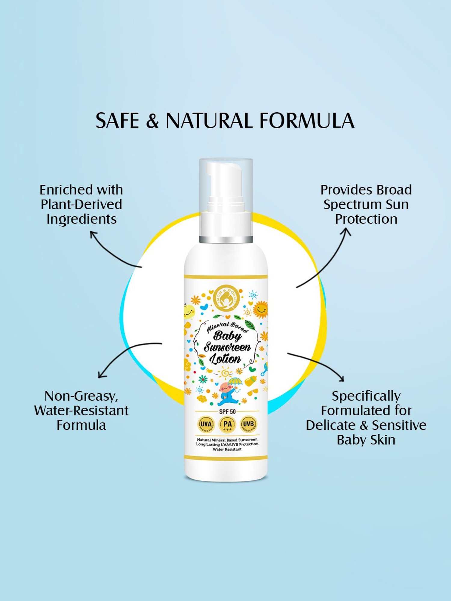 Mom & World Mineral Based Baby Sunscreen Lotion, SPF 50 PA+++ - 120 ml