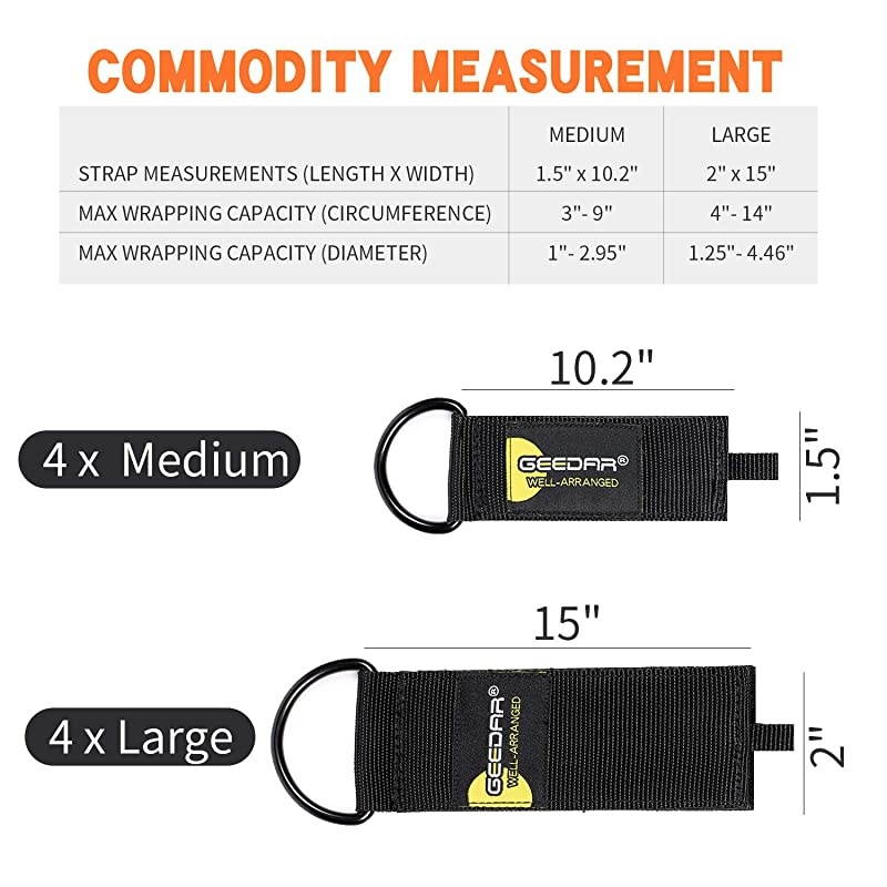 Extension Cord Wrap Organizer and Holder 8 Packs Cord Storage Straps with Heavy Duty Metal DRing Loop for Water Hoses Power Cable Ropes and More Large Size X 4 Medium Size X 4