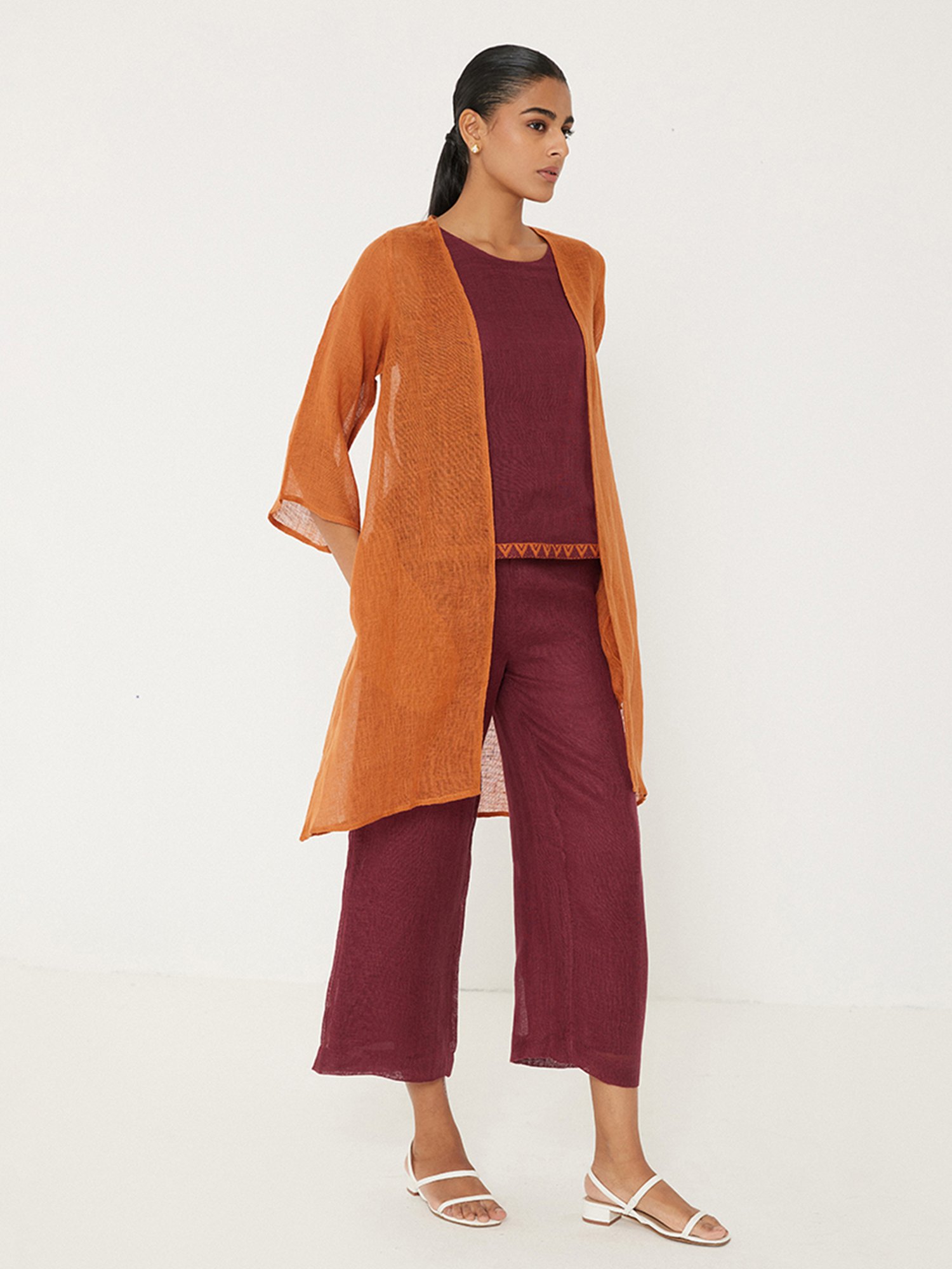 ANCESTRY Orange & Maroon Top & Pant Set With Jacket