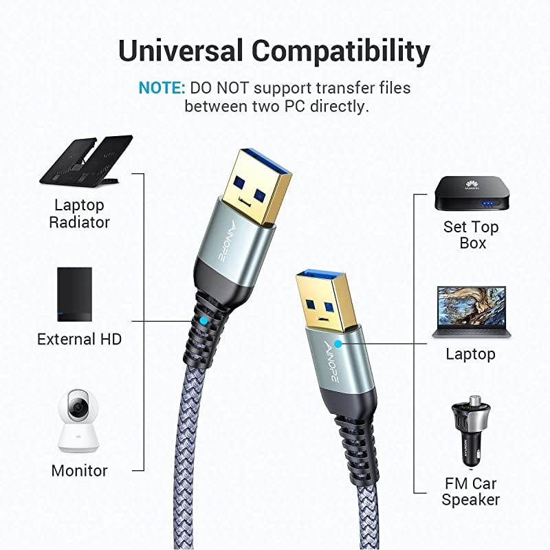 2 Pack  USB 3.0 A to A Male Cable 6.6FT+6.6FT,USB 3.0 to USB 3.0 Cable [Never Rupture] USB Male to Male Cable Double End USB Cord Compatible with Hard Drive Enclosures, DVD Player, Laptop Cool