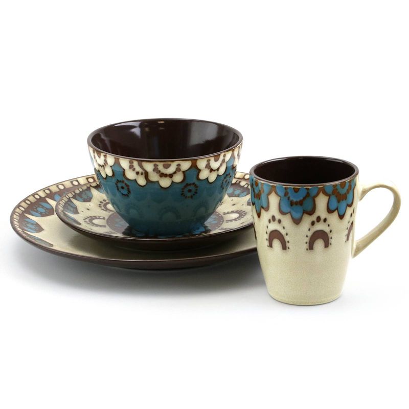 16pc Stoneware Earth and Water Dinnerware Set Blue/Taupe - Elama