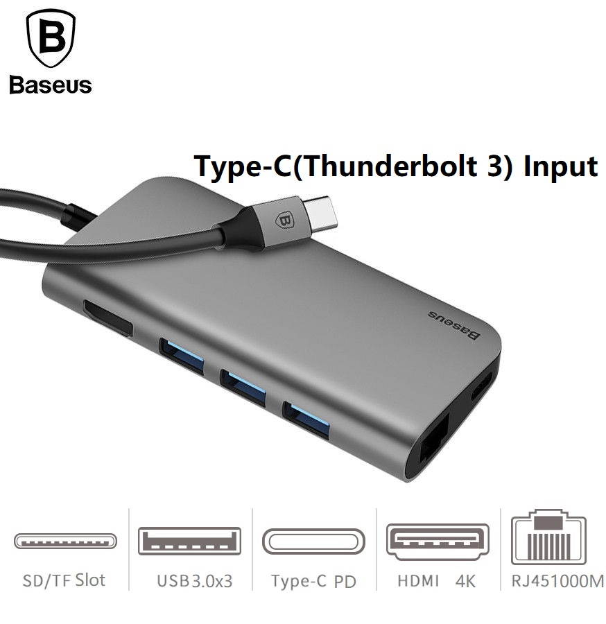 Baseus 8-in-1 Type-C HUB with 3 USB 3.0 Port SD / TF Card Reader 4K 30HZ HDMI Gigabit Ethernet USB-C HUB Digital 8in1 Adapter Expansion Dock for Type-C Notebook.